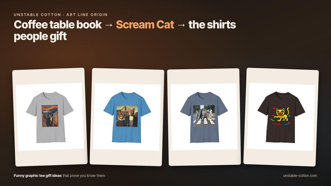 Unstable Cotton Art Inspired t-shirts flat lay collage, Scream Cat, American Gothic Cats, Abby Road Cat, Playful Pop Art Cat