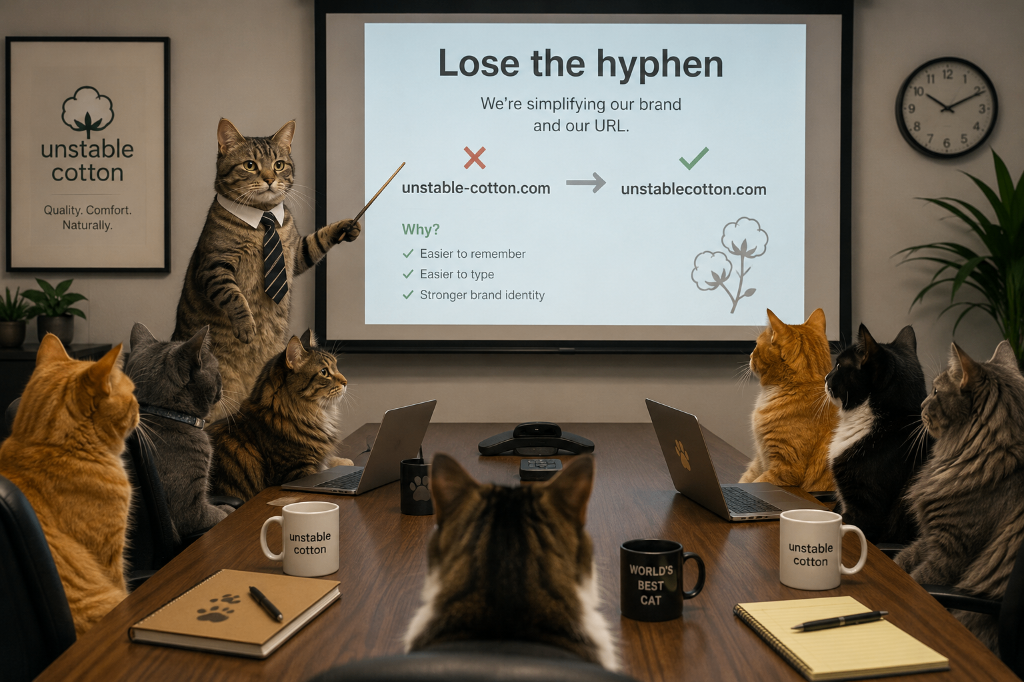 Unstable Cotton boardroom of cats presenting Lose the hyphen domain migration from unstable-cotton.com to unstablecotton.com