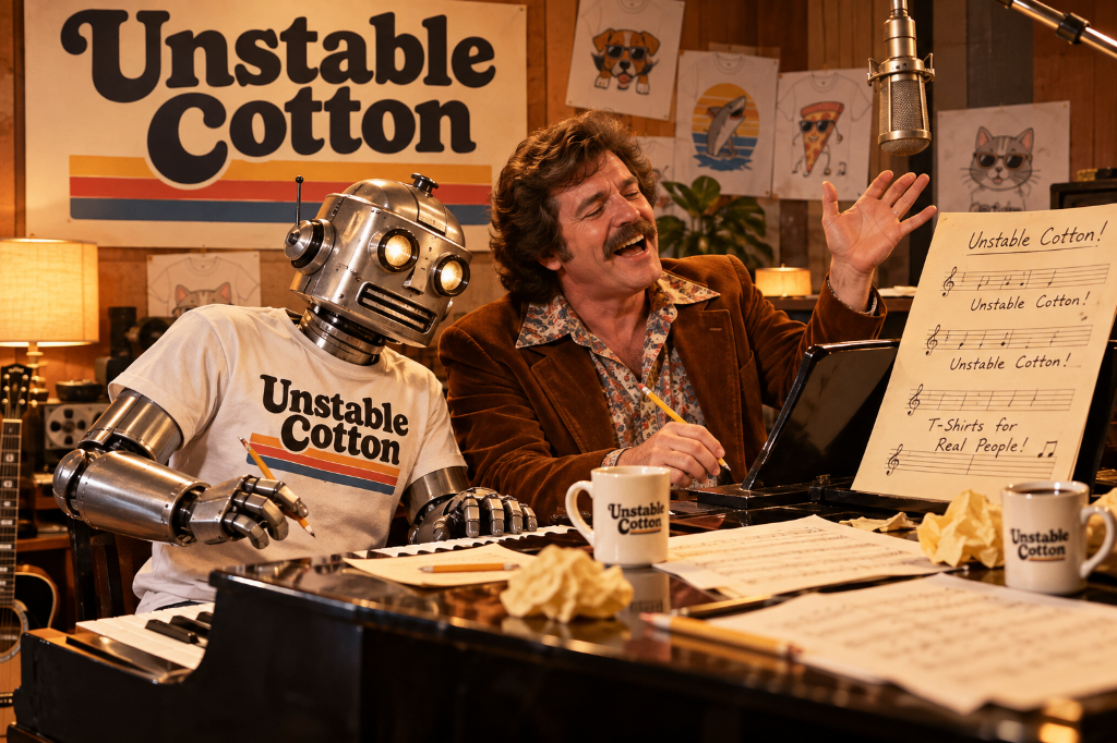 A robot in an Unstable Cotton t-shirt and a singing man in a brown velvet jacket write the Unstable Cotton jingle at a piano, with sheet music reading "T-Shirts for Real People!"