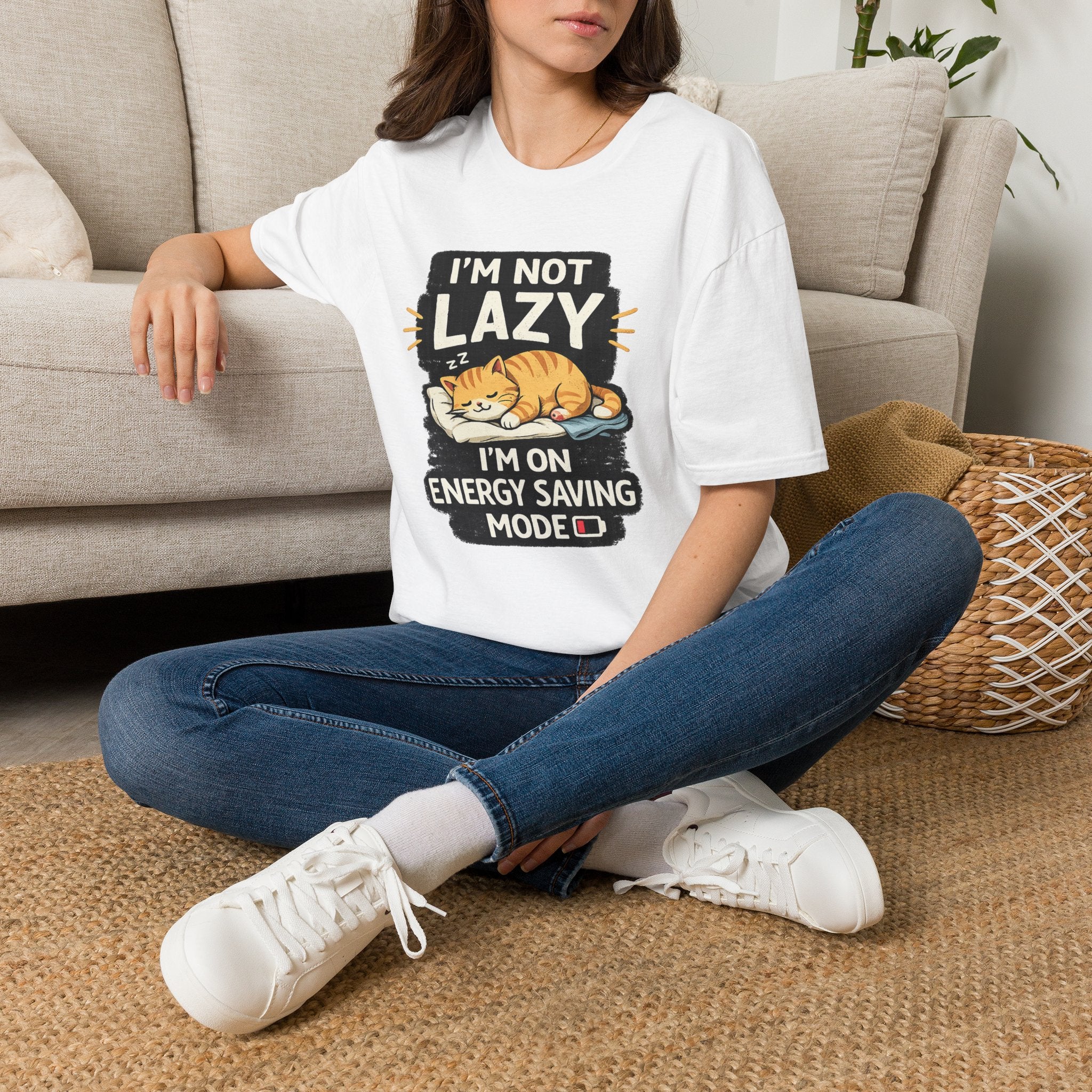I'm Not Lazy Cat T-Shirt - "I'm On Energy Saving Mode" Funny Cat Graphic Tee