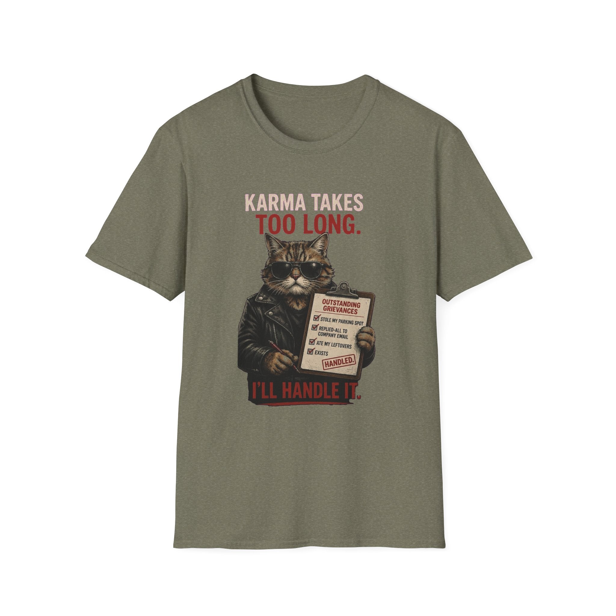 Cat Graphic T-Shirt — "Karma Takes Too Long" Funny Vintage Cat Tee