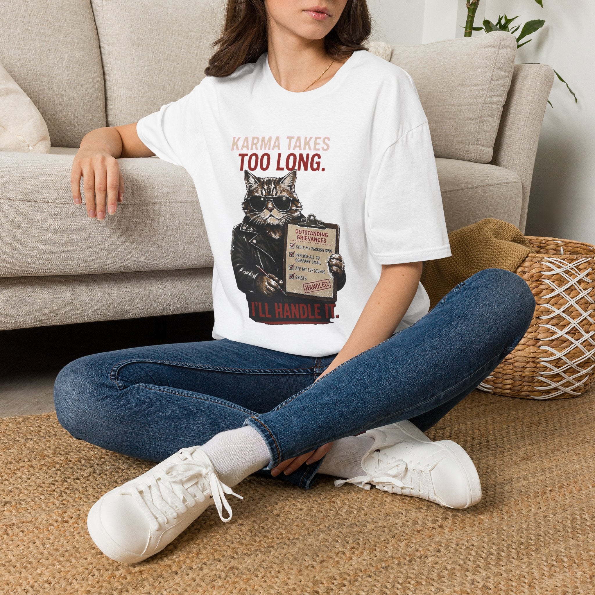 Cat Graphic T-Shirt — "Karma Takes Too Long" Funny Vintage Cat Tee