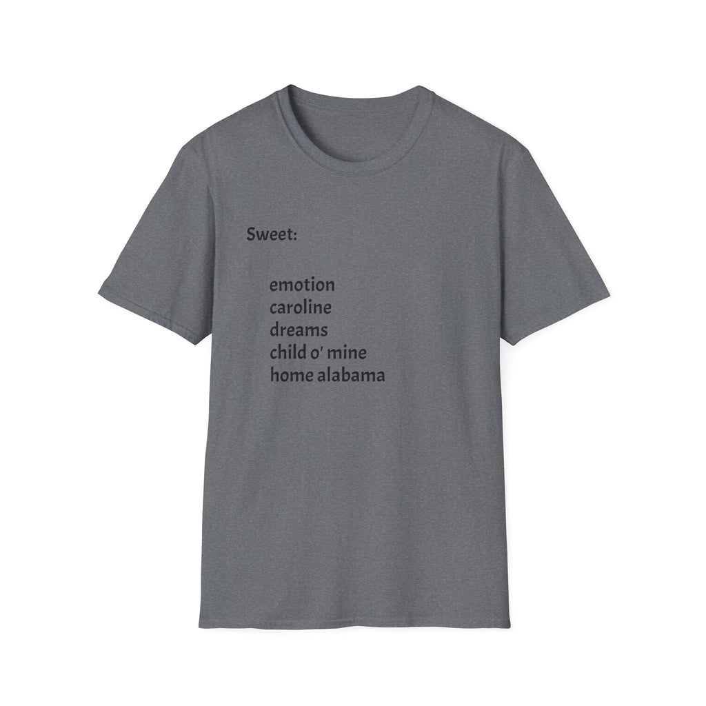 T-Shirt — Minimal “Sweet:” Tracklist Tee (emotion, caroline, dreams, child of mine, home alabama)