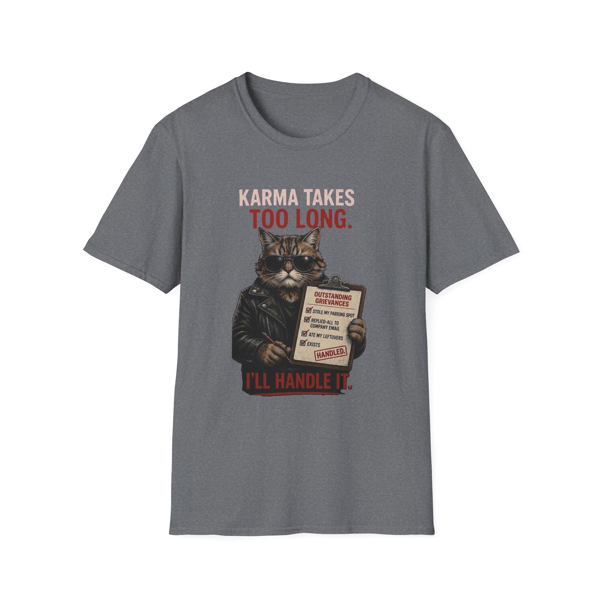 Cat Graphic T-Shirt — "Karma Takes Too Long" Funny Vintage Cat Tee