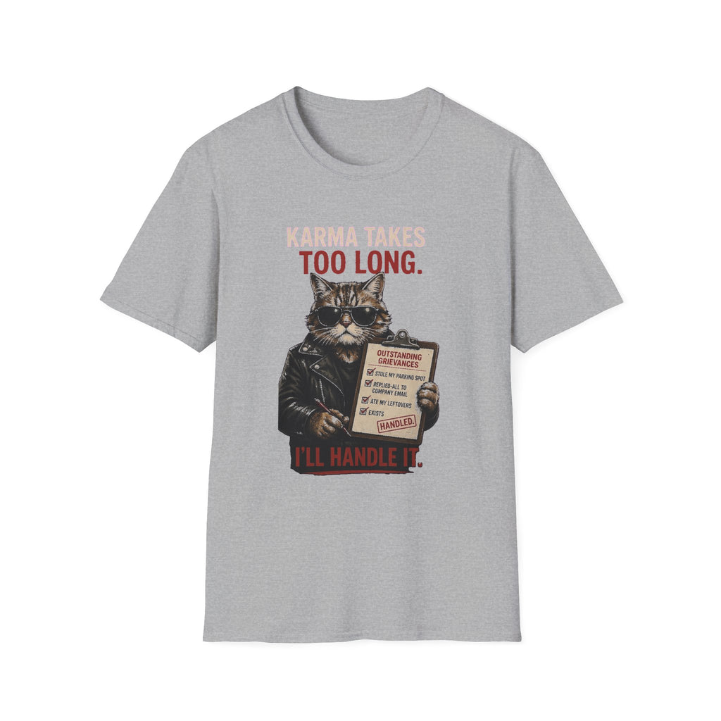 Cat Graphic T-Shirt — "Karma Takes Too Long" Funny Vintage Cat Tee