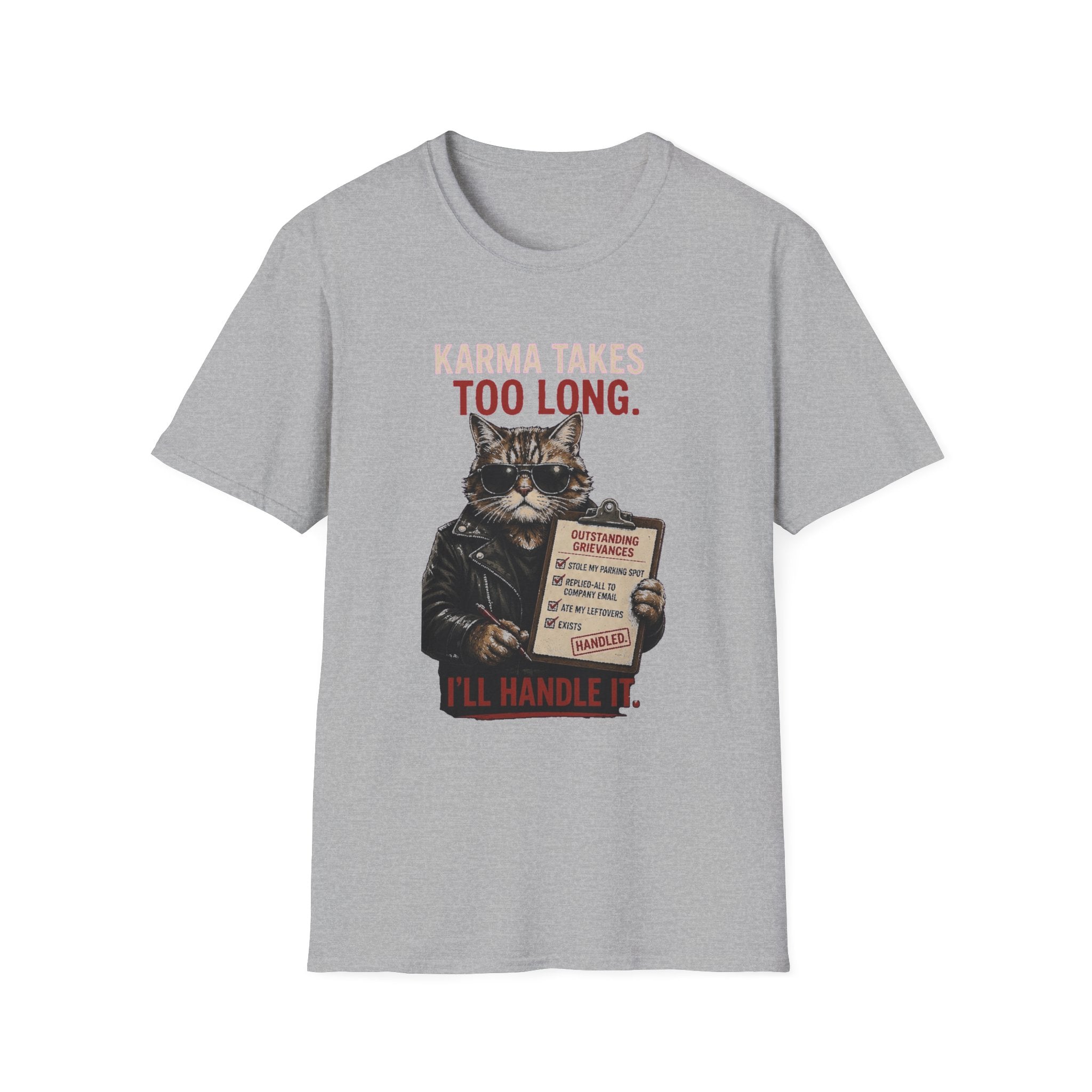 Cat Graphic T-Shirt — "Karma Takes Too Long" Funny Vintage Cat Tee