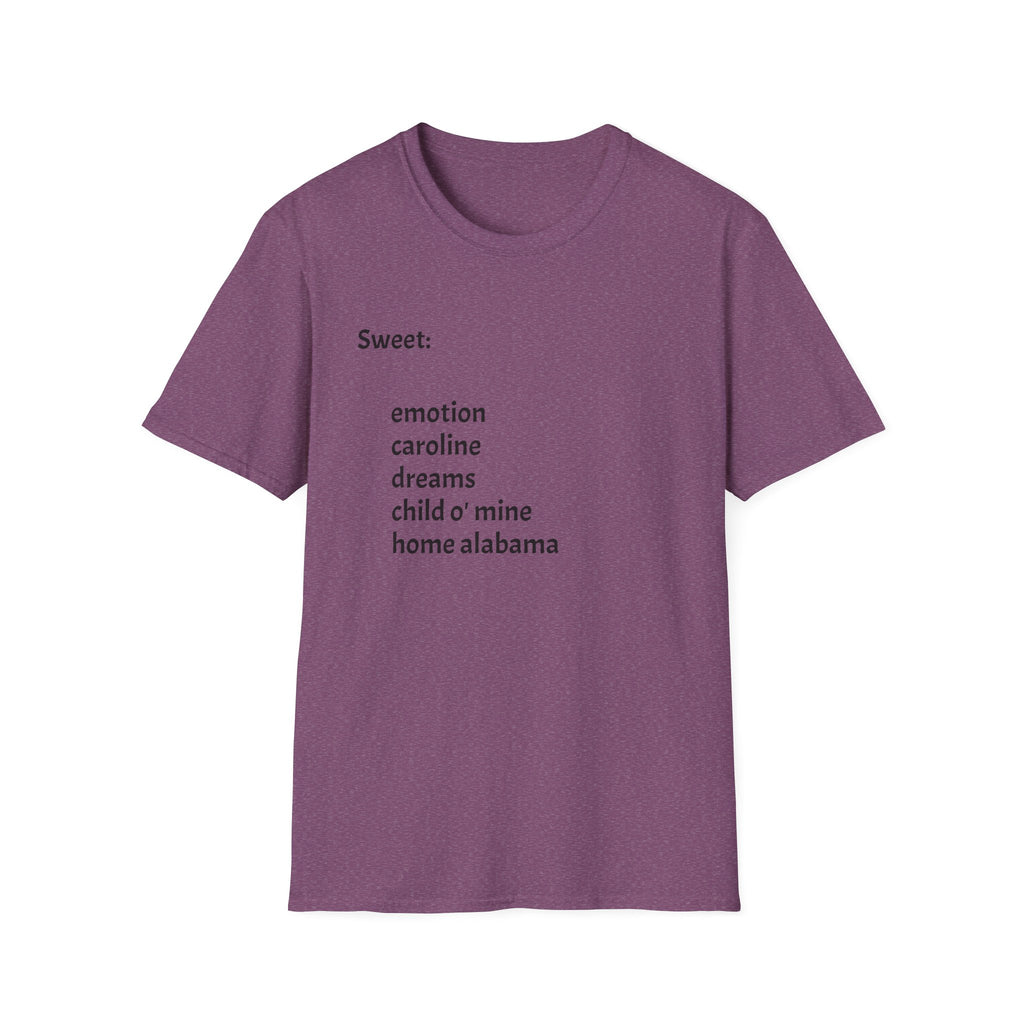 T-Shirt — Minimal “Sweet:” Tracklist Tee (emotion, caroline, dreams, child of mine, home alabama)