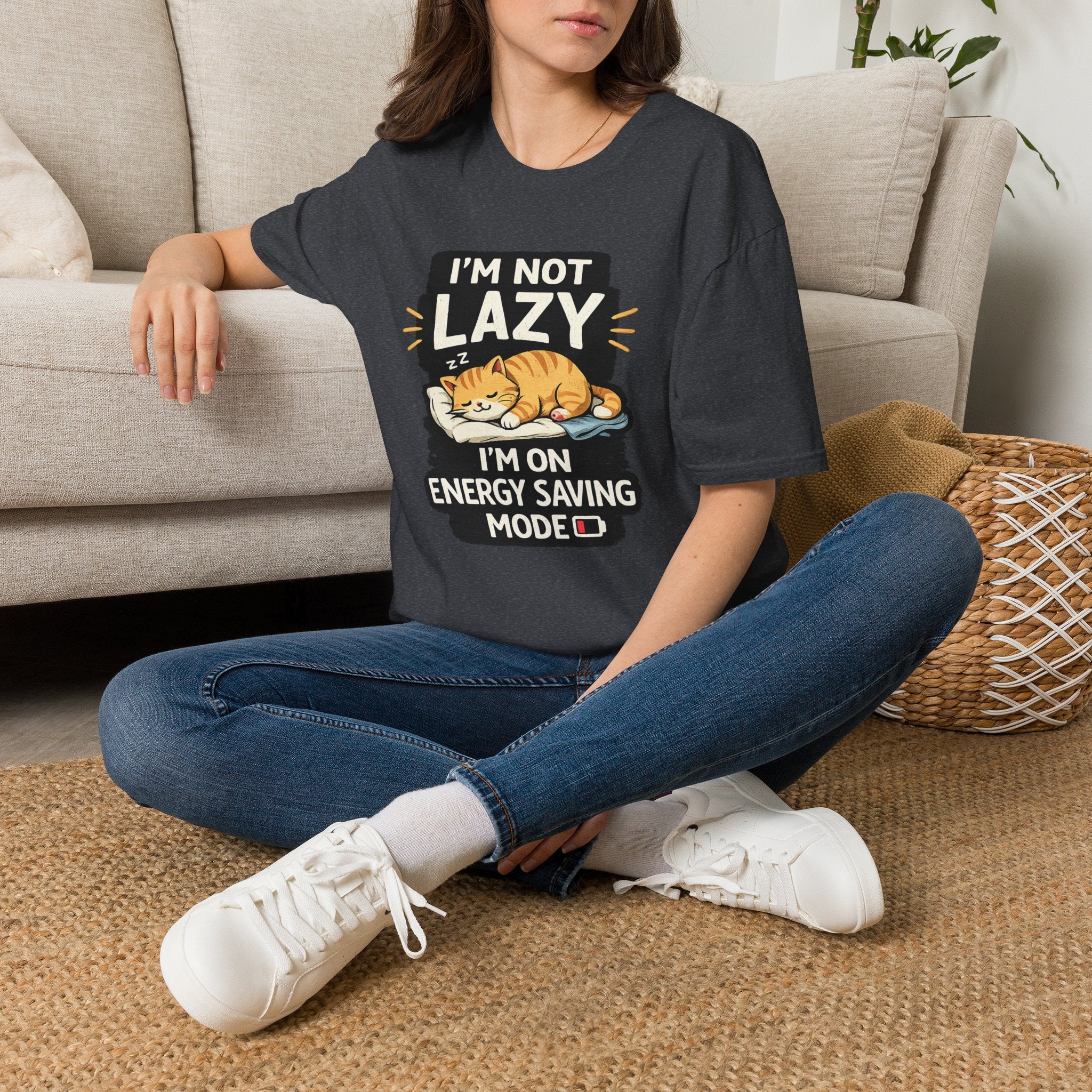 I'm Not Lazy Cat T-Shirt - "I'm On Energy Saving Mode" Funny Cat Graphic Tee