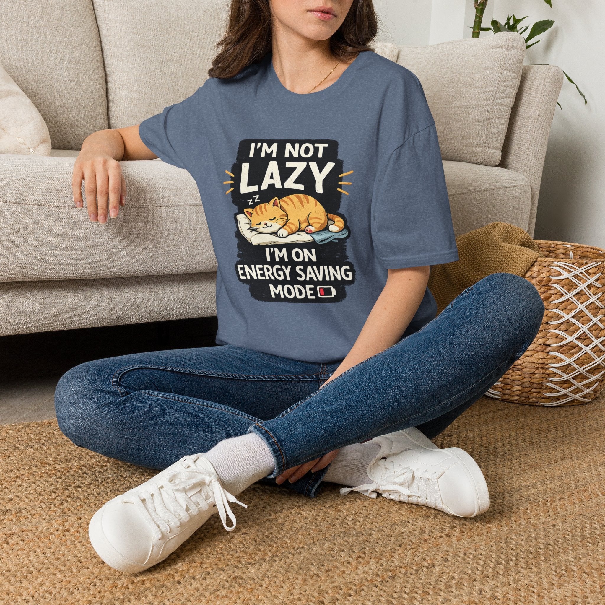 I'm Not Lazy Cat T-Shirt - "I'm On Energy Saving Mode" Funny Cat Graphic Tee