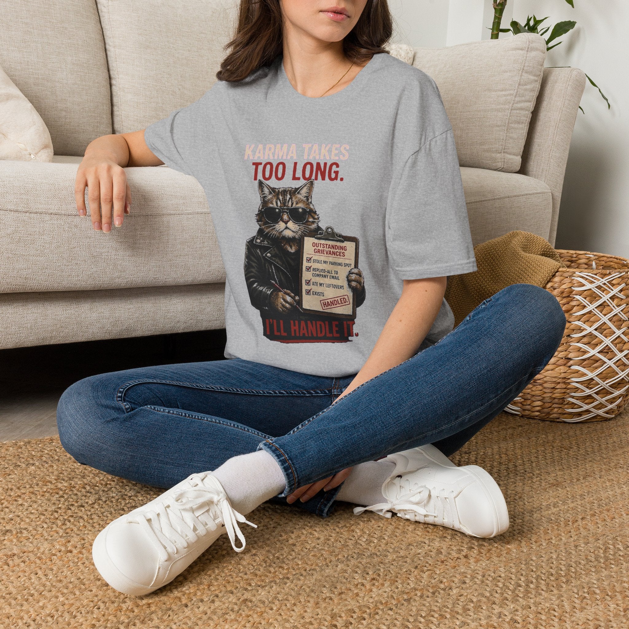 Cat Graphic T-Shirt — "Karma Takes Too Long" Funny Vintage Cat Tee