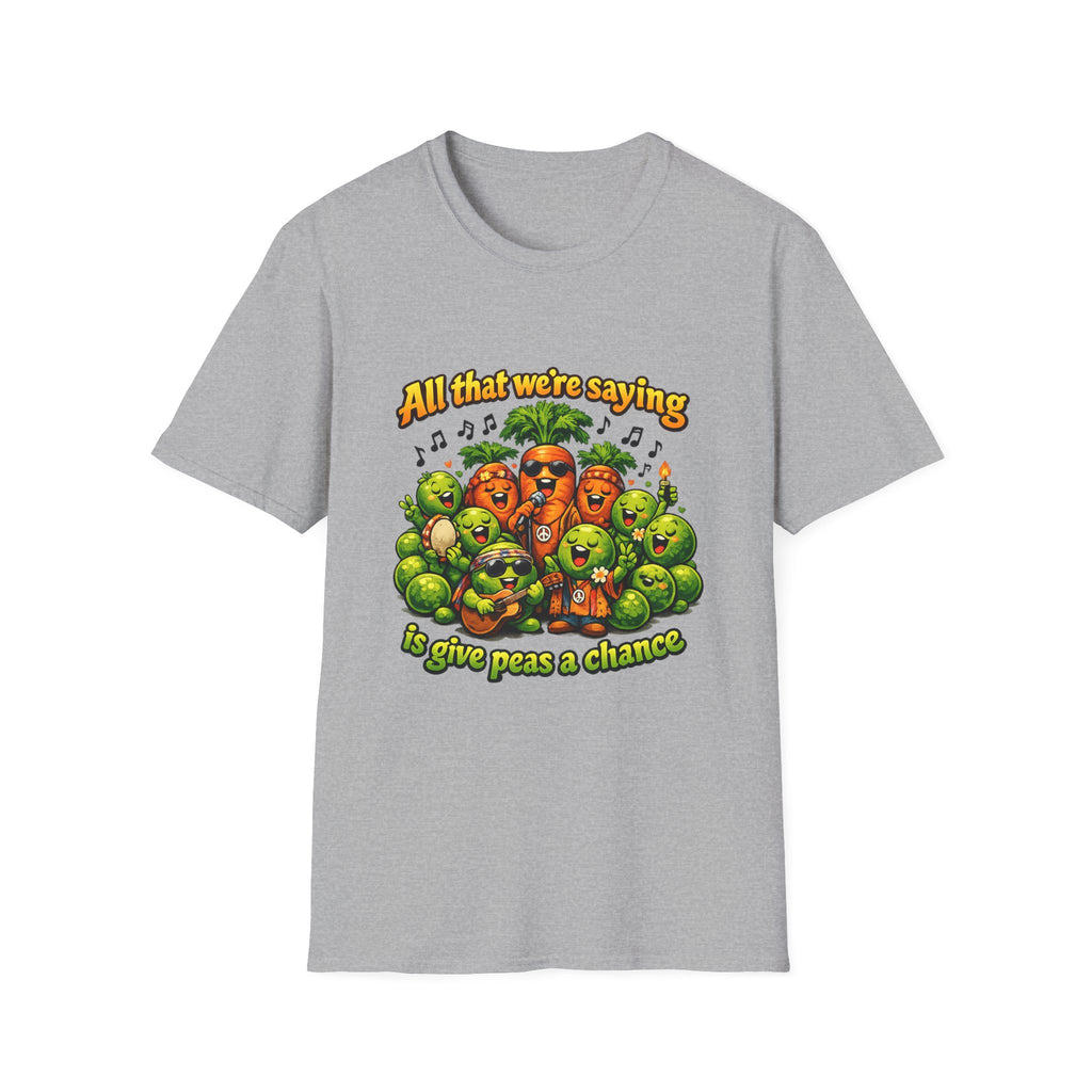 Give Peas a Chance Funny Vegetable Pun T-Shirt | Singing Peas & Carrots Retro Graphic Tee