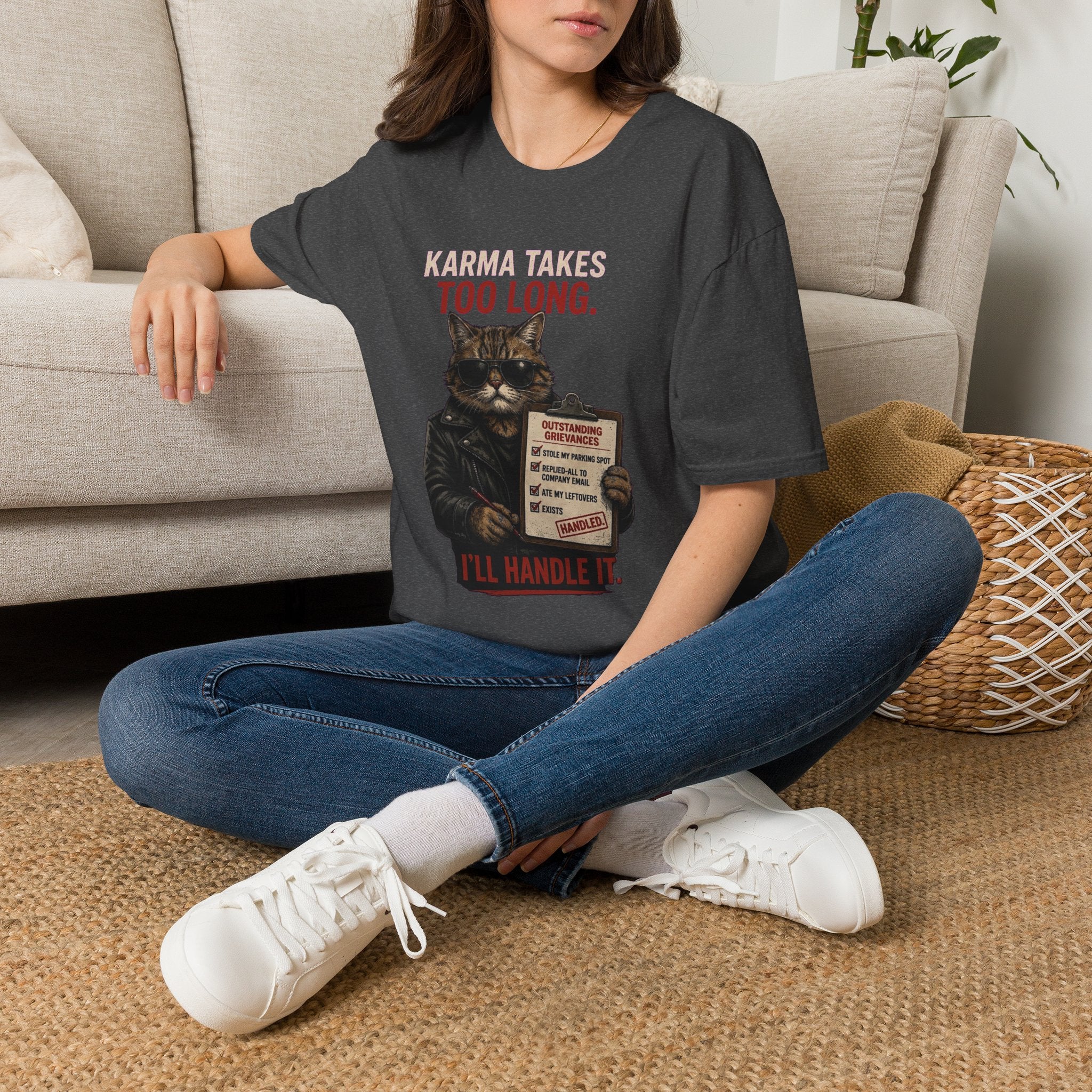Cat Graphic T-Shirt — "Karma Takes Too Long" Funny Vintage Cat Tee