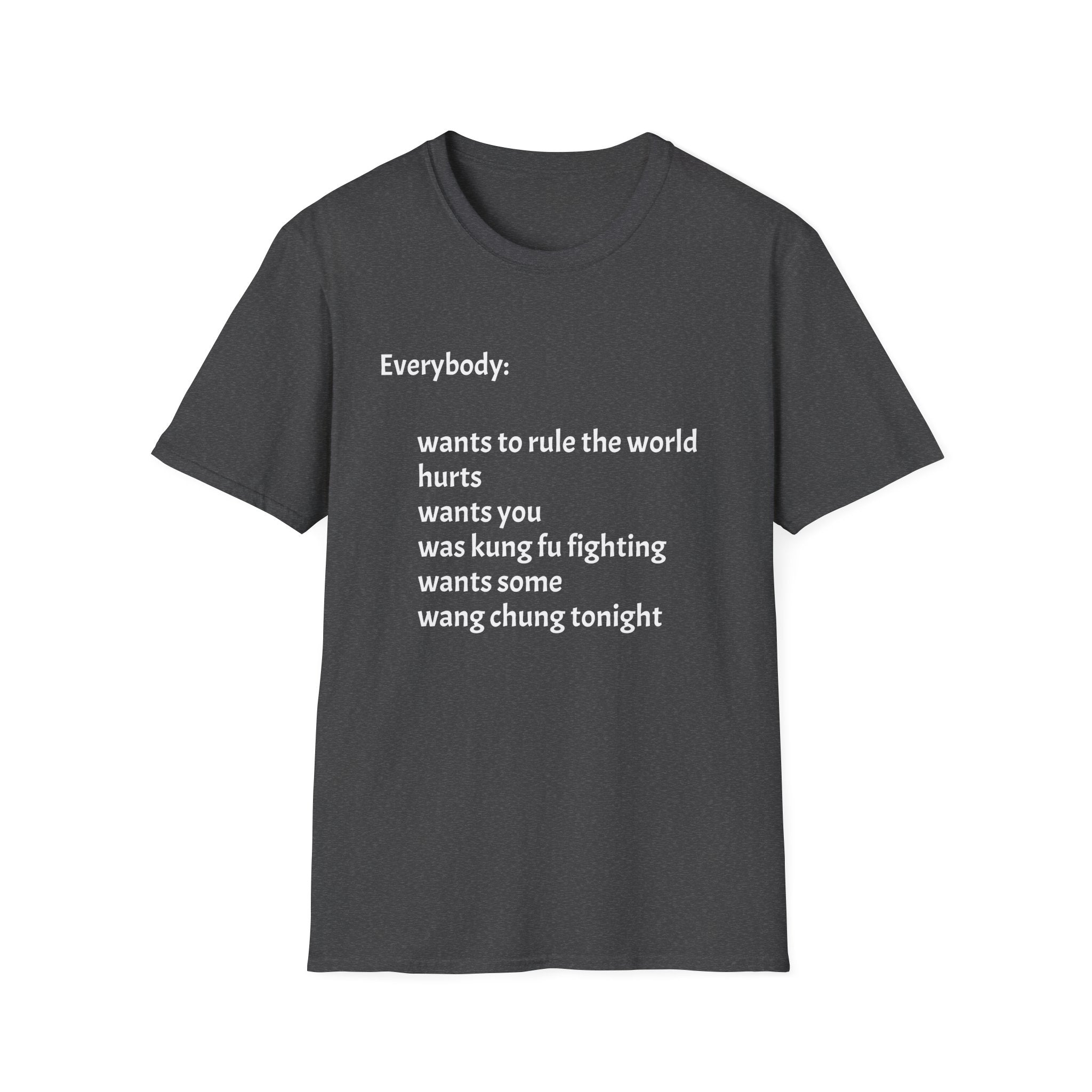 Funny Lyric Text T-Shirt — "Everybody: wants to rule the world..."