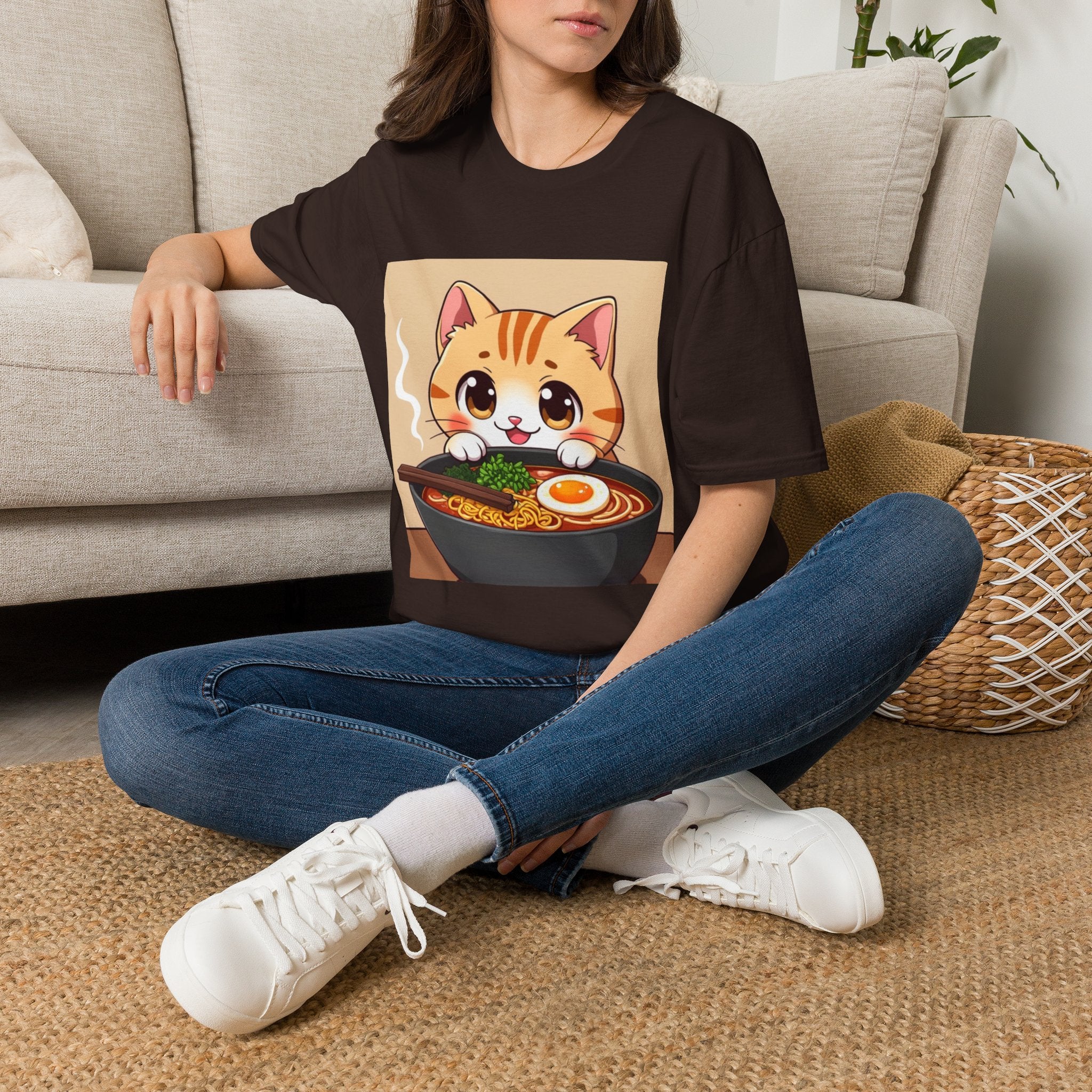 Kawaii Cat with Ramen Bowl T-Shirt | Cute Neko Ramen Tee