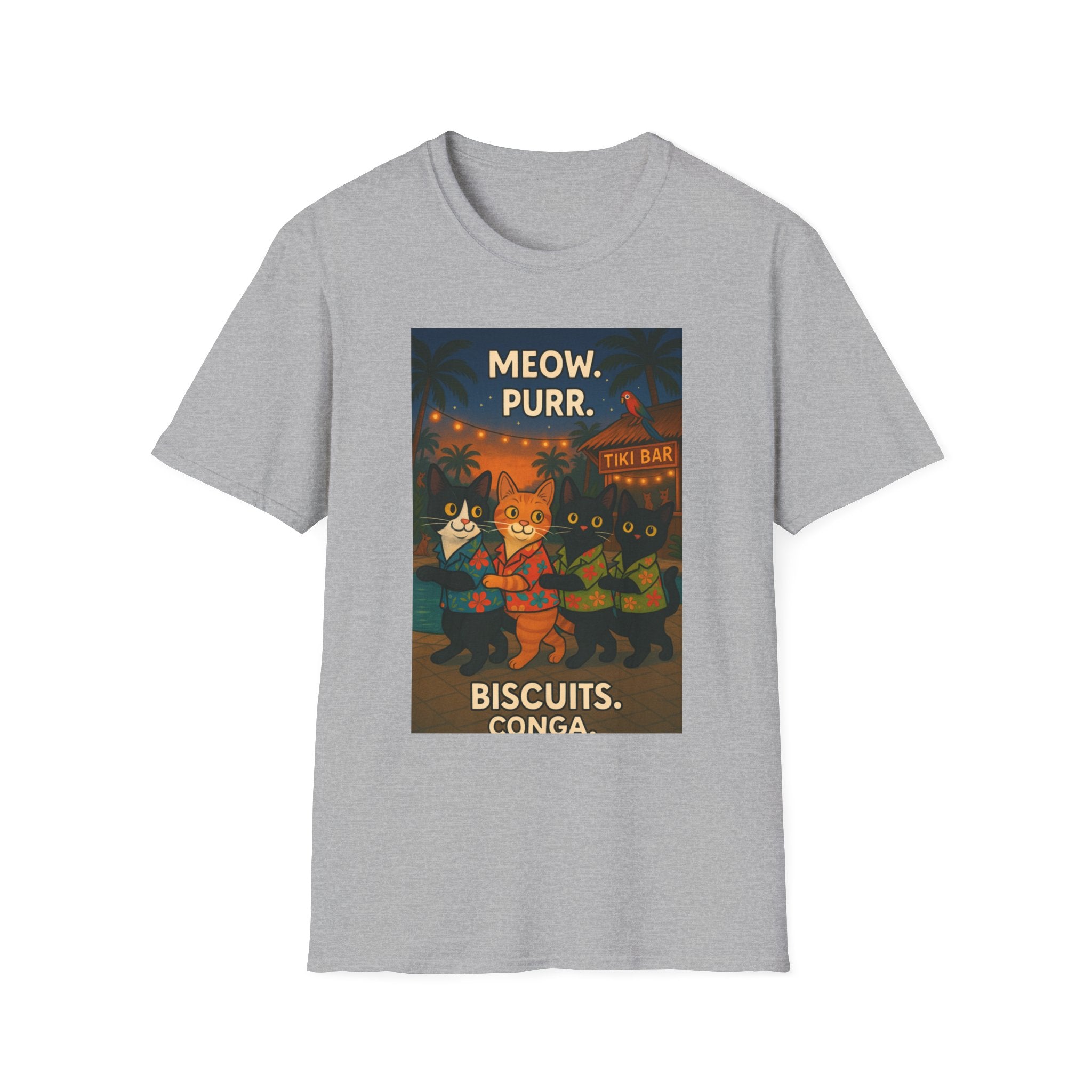 Meow Purr Biscuits Conga Unisex T-Shirt, Cat Lover Tee, Funny Graphic Shirt, Softstyle Top, Animal Print Clothing