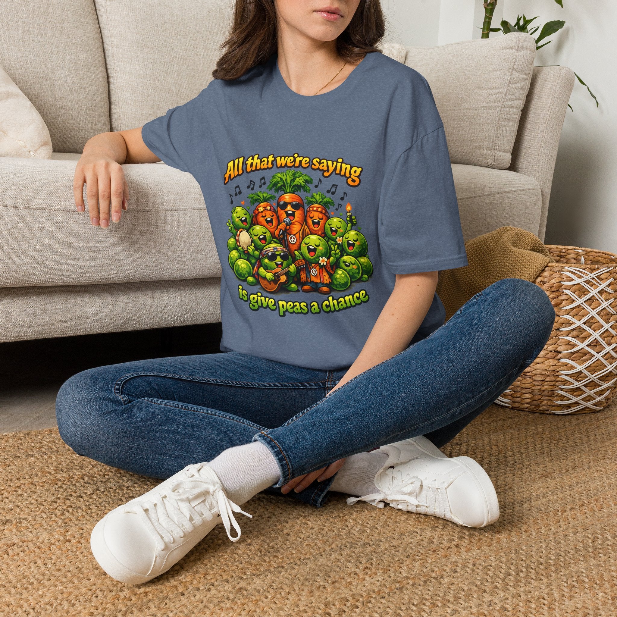 Give Peas a Chance Funny Vegetable Pun T-Shirt | Singing Peas & Carrots Retro Graphic Tee