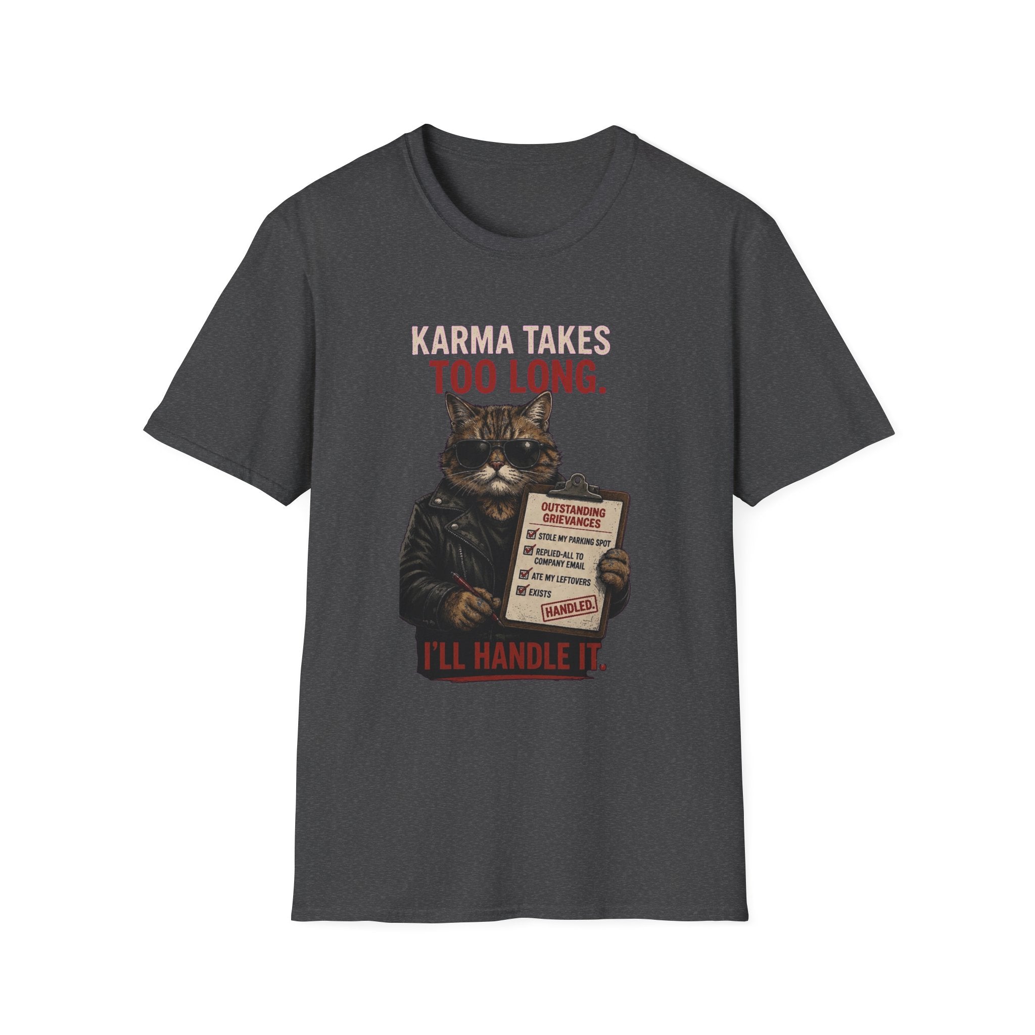 Cat Graphic T-Shirt — "Karma Takes Too Long" Funny Vintage Cat Tee