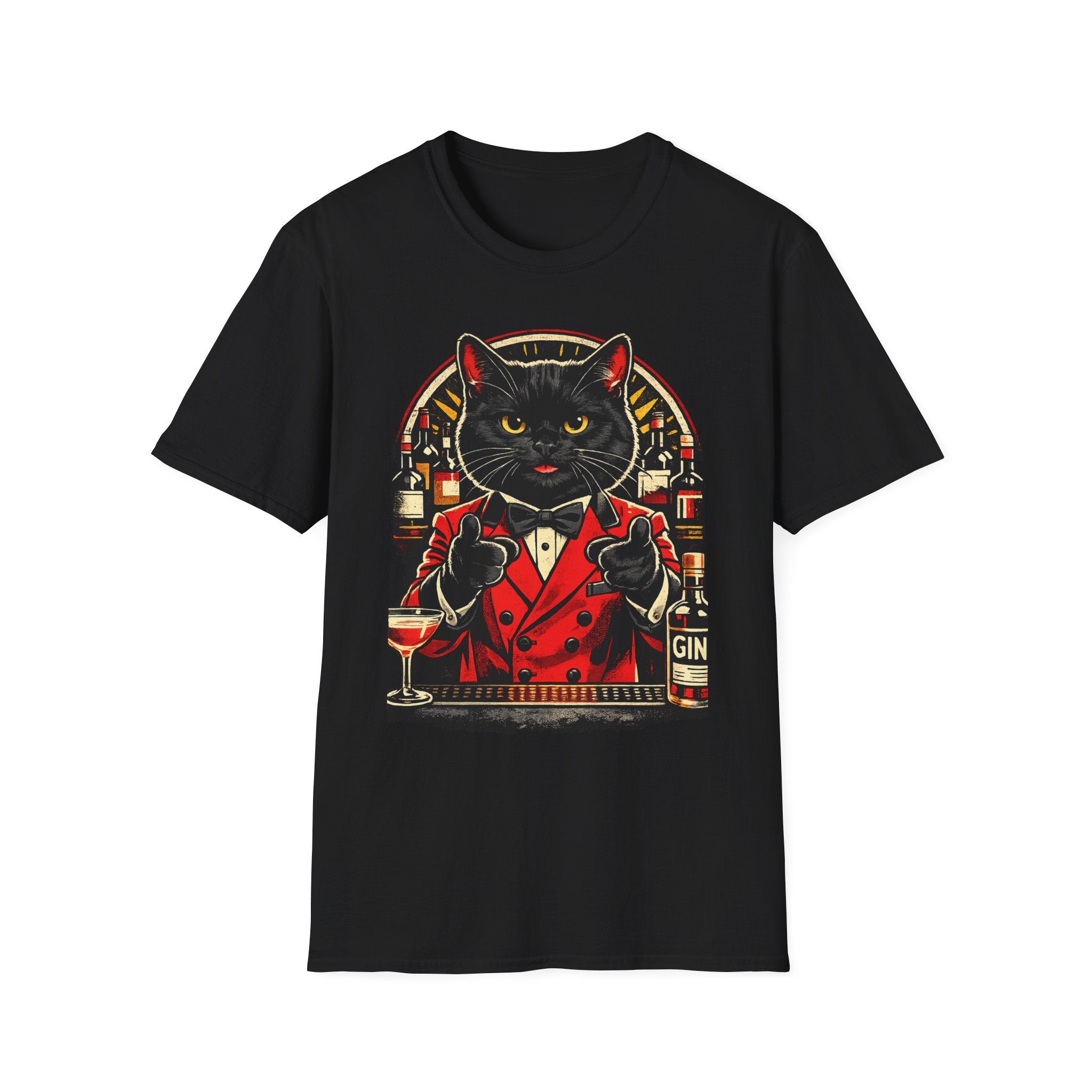 Isaac Cat Bartender T-Shirt — Vintage Gin Lounge Cat Design