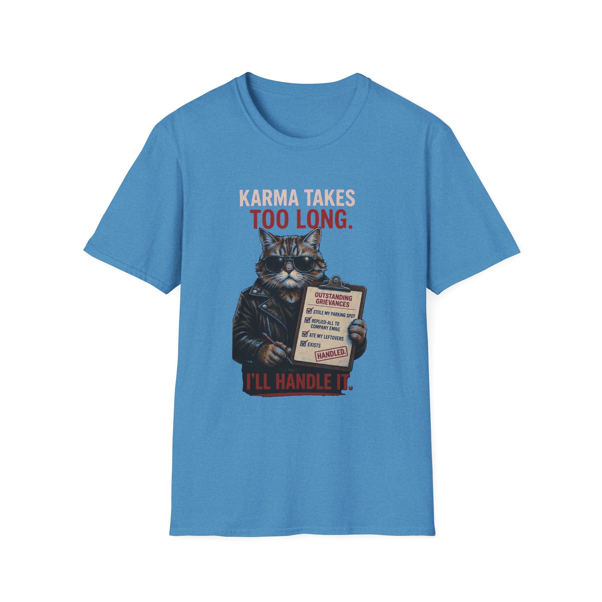 Cat Graphic T-Shirt — "Karma Takes Too Long" Funny Vintage Cat Tee