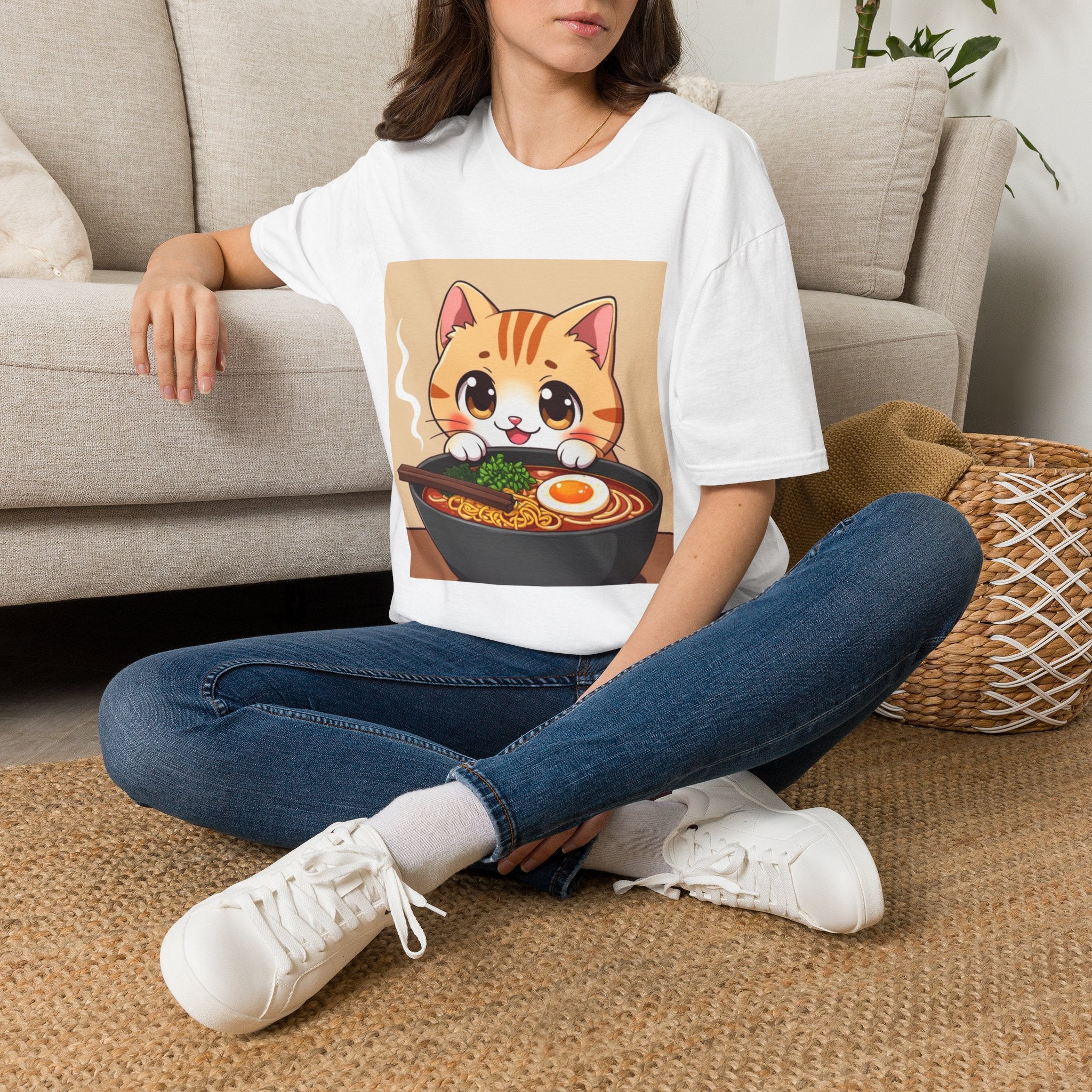 Kawaii Cat with Ramen Bowl T-Shirt | Cute Neko Ramen Tee