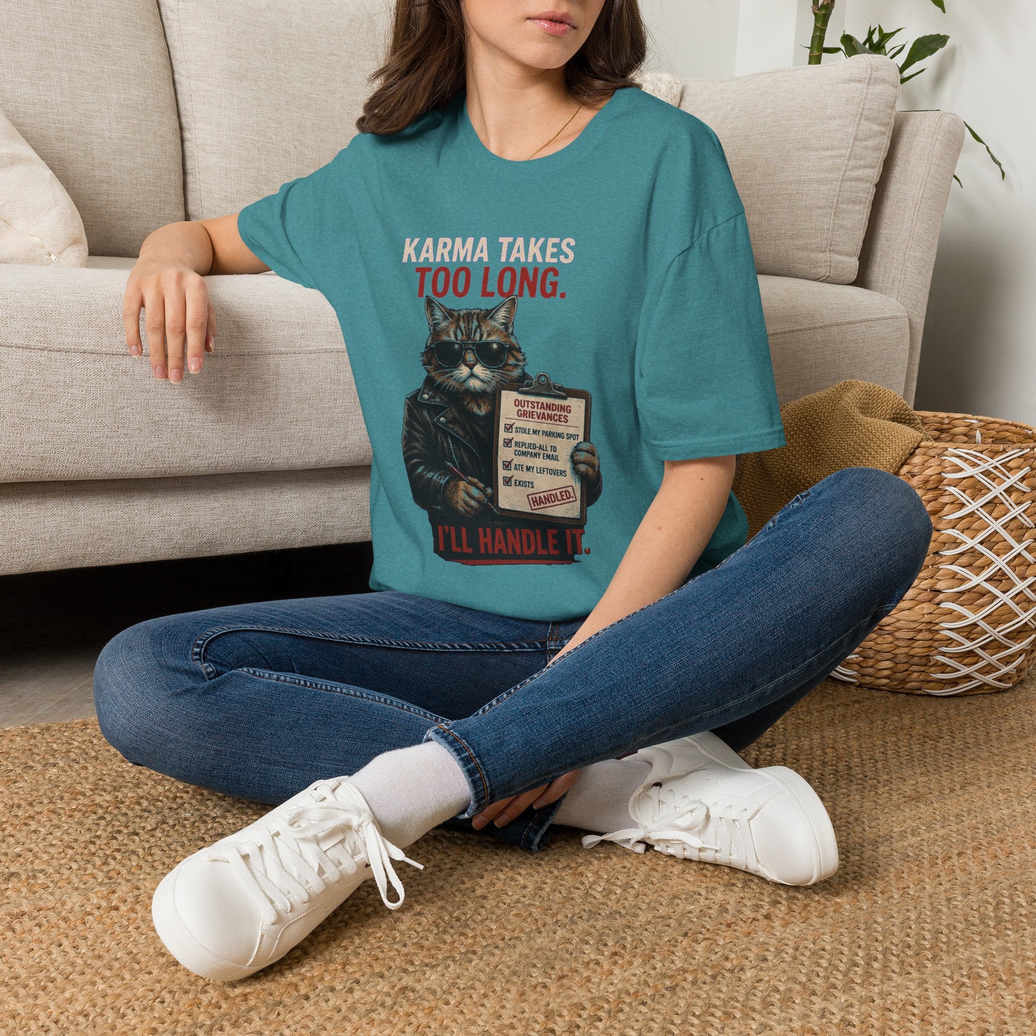 Cat Graphic T-Shirt — "Karma Takes Too Long" Funny Vintage Cat Tee
