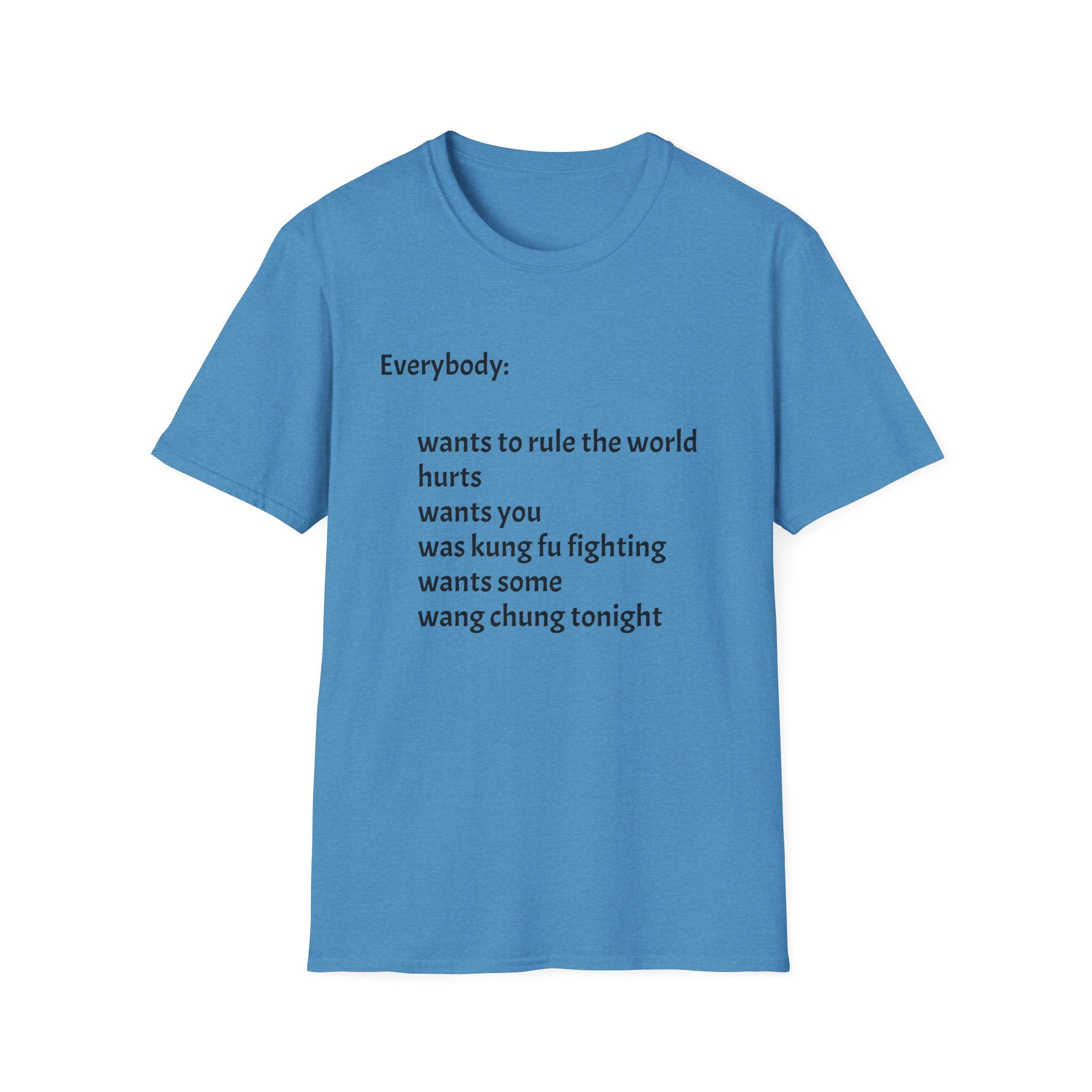 Funny Lyric Text T-Shirt — "Everybody: wants to rule the world..."