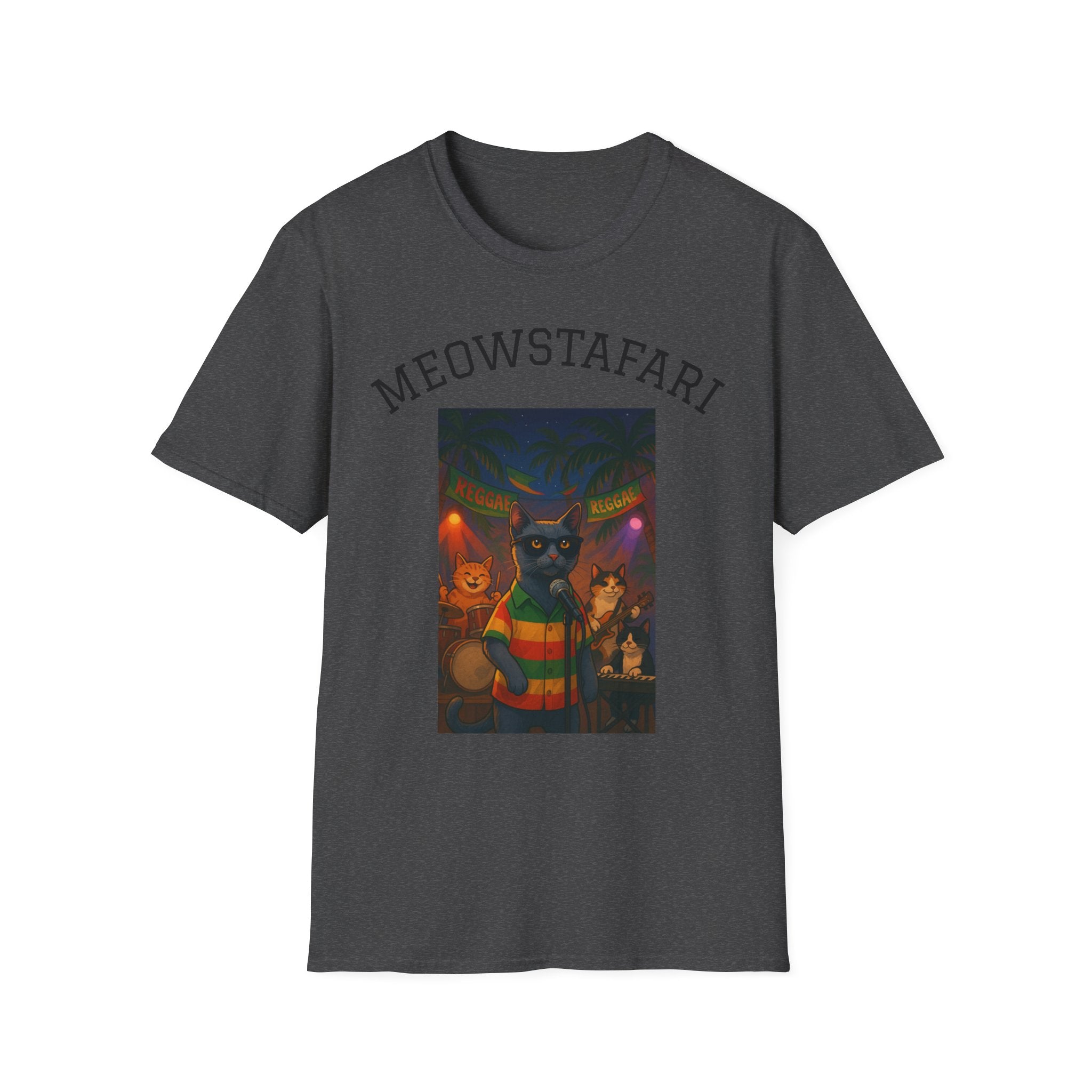 Reggae Cats Unisex Softstyle T-Shirt, Meowstafari Tee, Cat Lovers Shirt, Music Festival Apparel, Rasta Feline Top