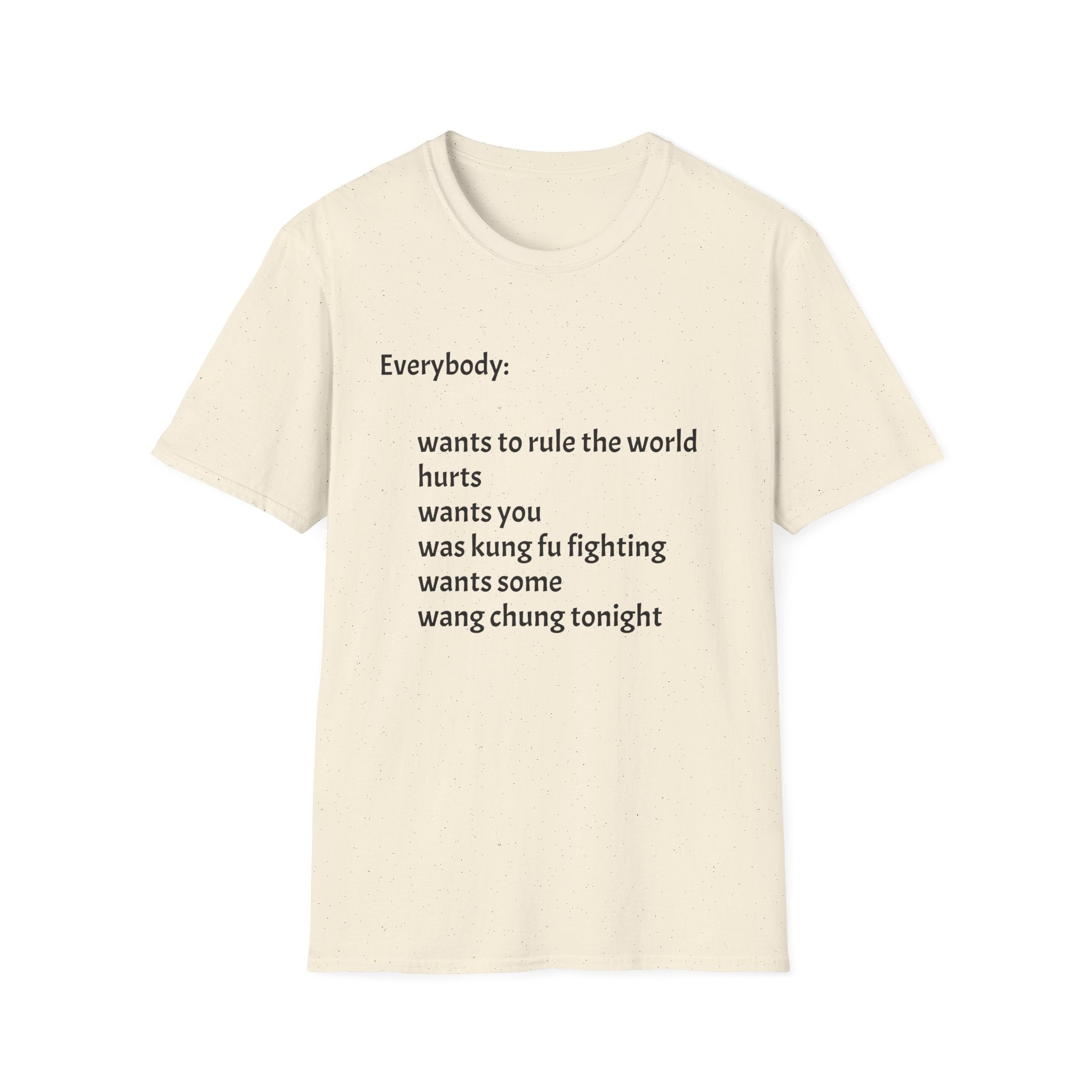 Funny Lyric Text T-Shirt — "Everybody: wants to rule the world..."