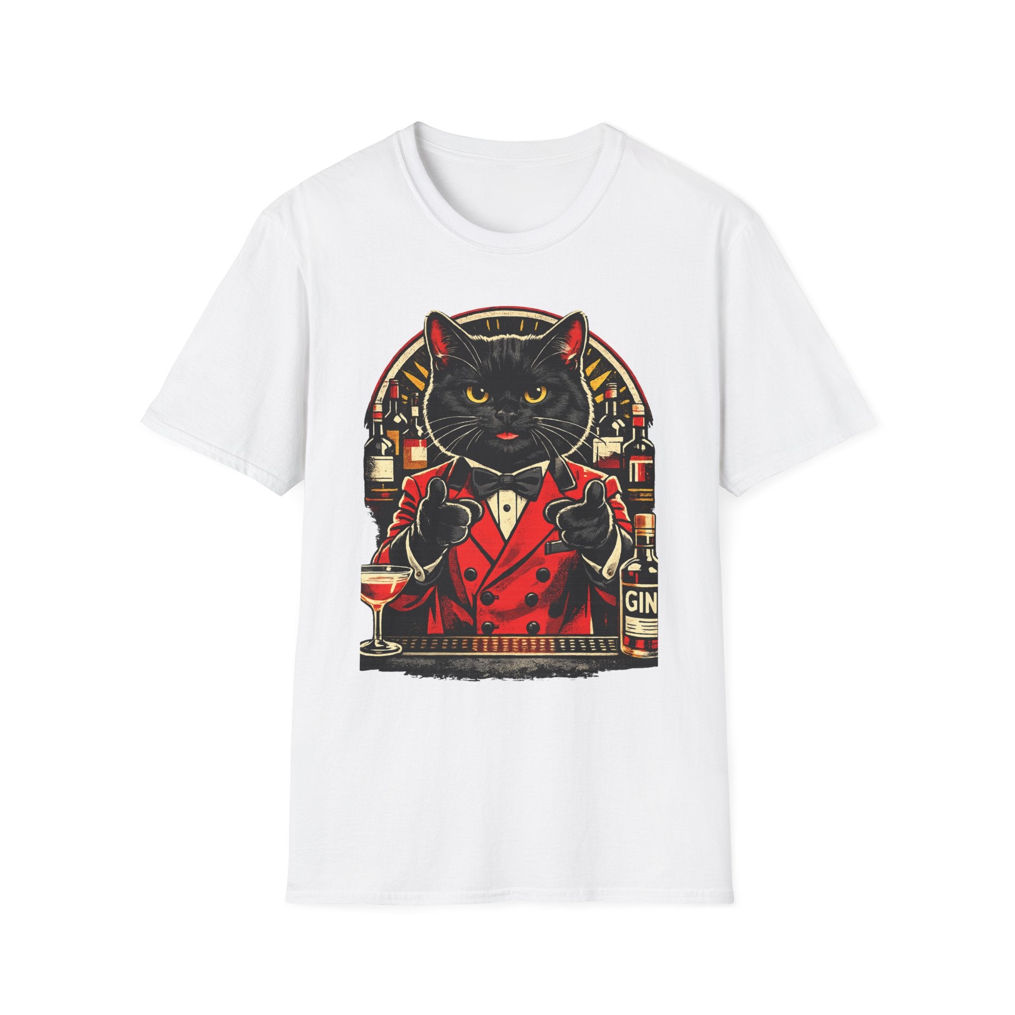 Isaac Cat Bartender T-Shirt — Vintage Gin Lounge Cat Design