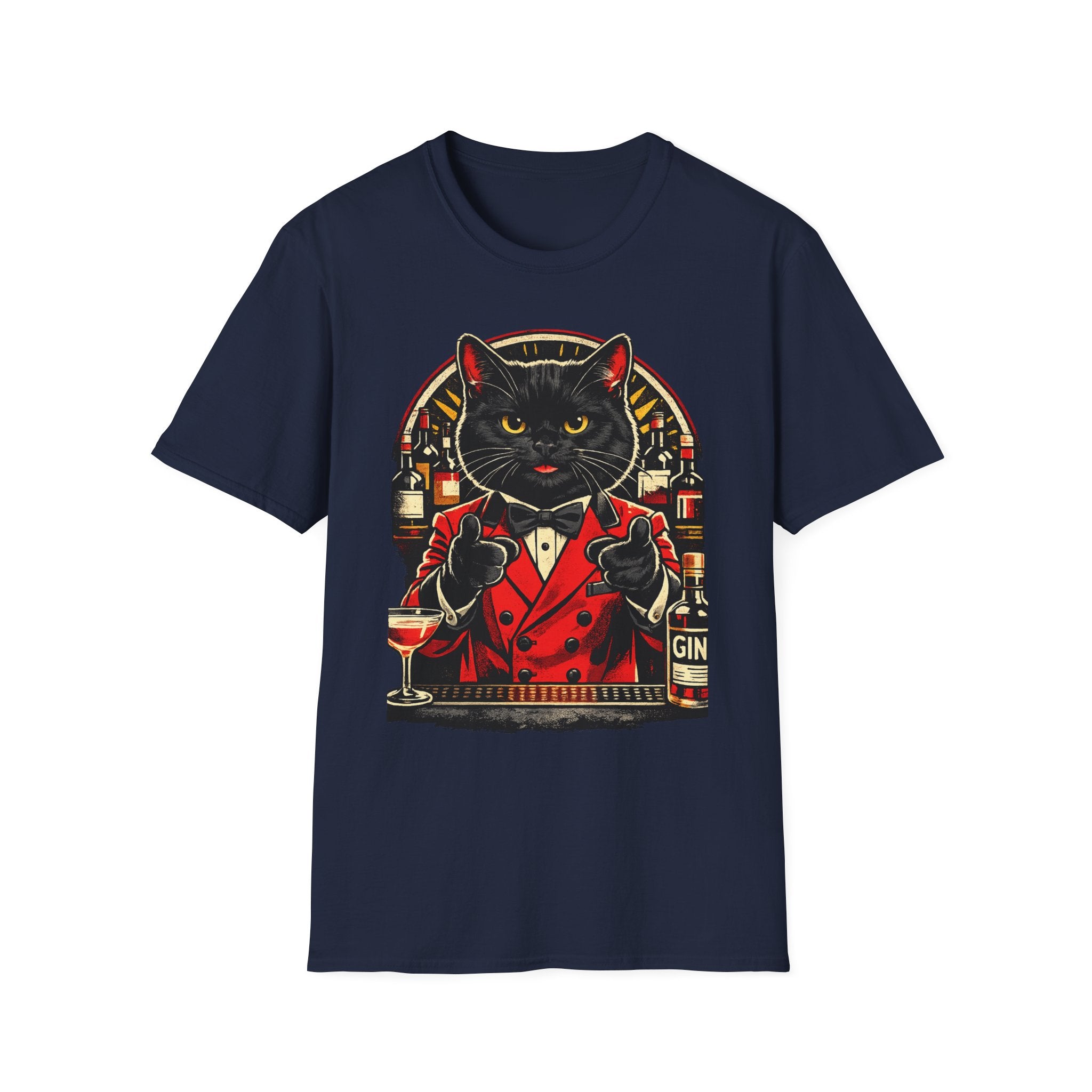 Isaac Cat Bartender T-Shirt — Vintage Gin Lounge Cat Design