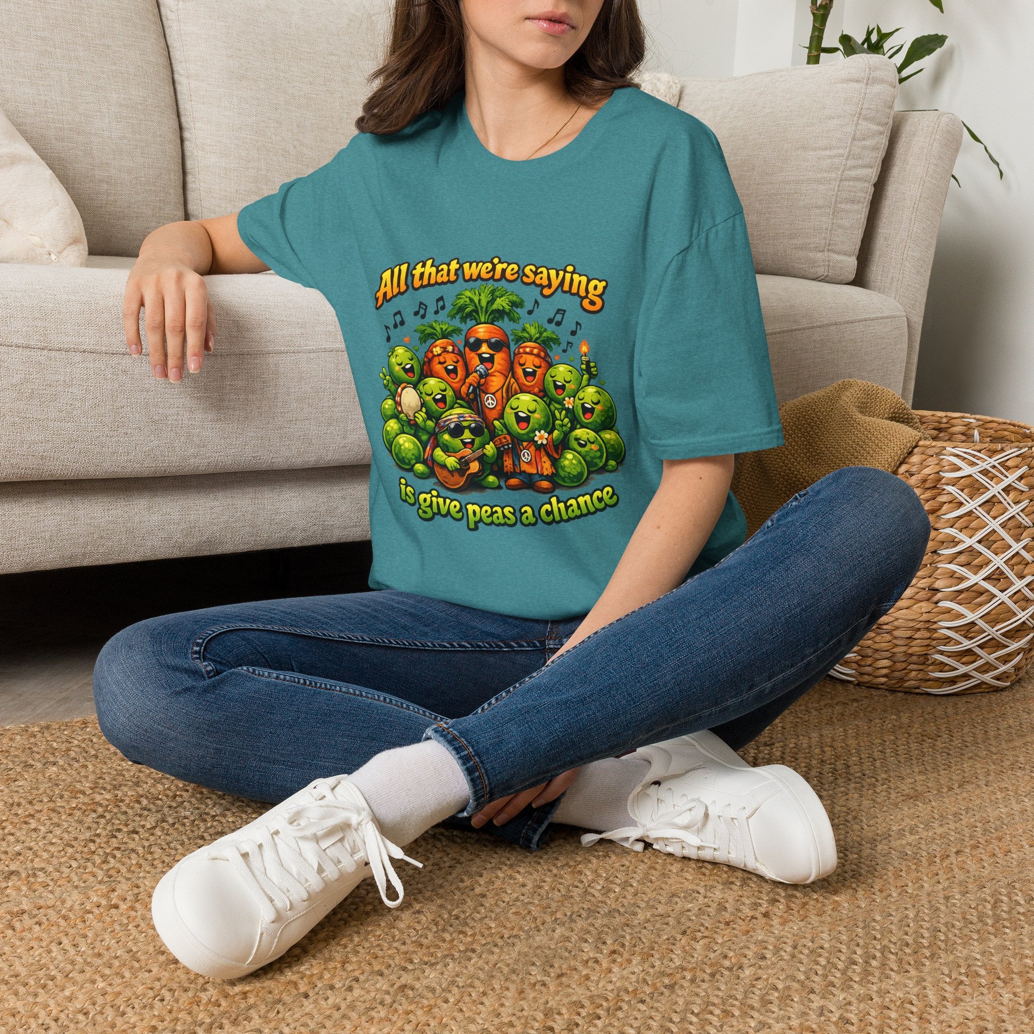 Give Peas a Chance Funny Vegetable Pun T-Shirt | Singing Peas & Carrots Retro Graphic Tee