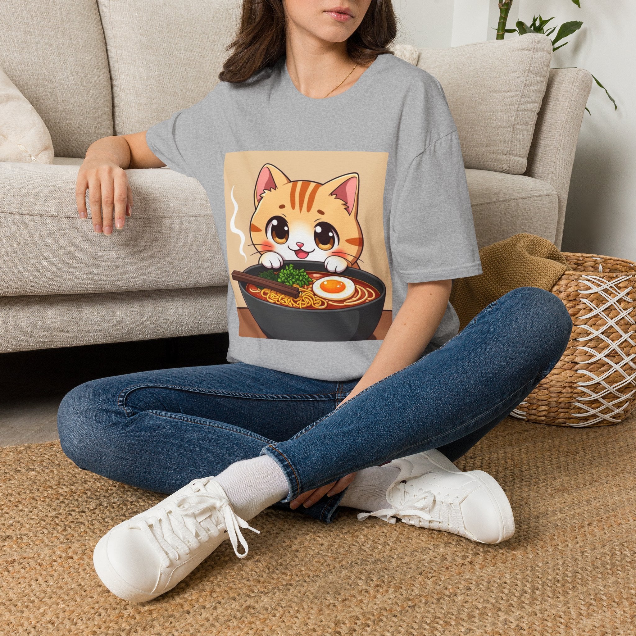 Kawaii Cat with Ramen Bowl T-Shirt | Cute Neko Ramen Tee