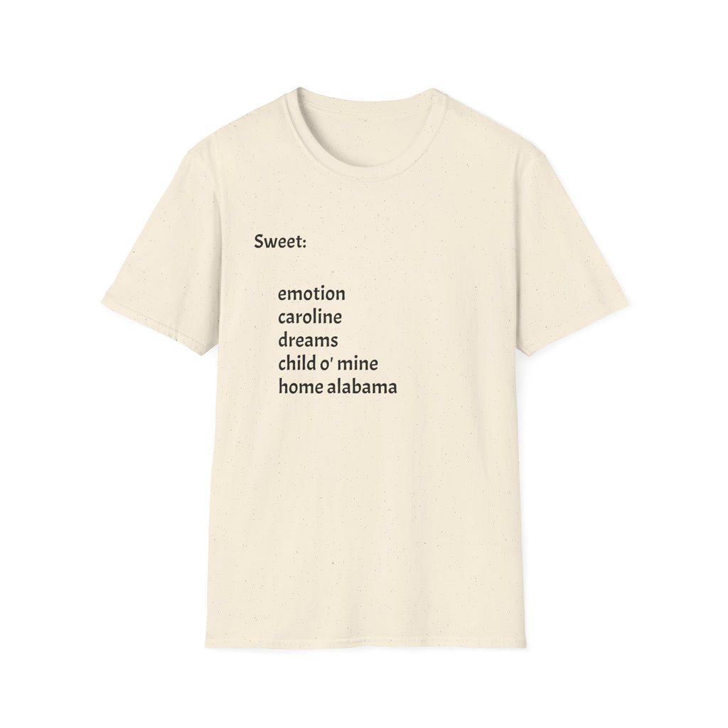 T-Shirt — Minimal “Sweet:” Tracklist Tee (emotion, caroline, dreams, child of mine, home alabama)
