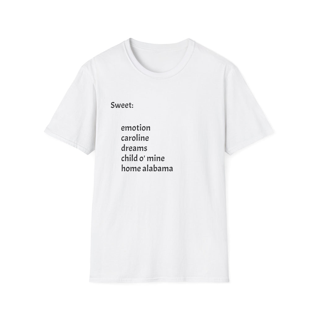 T-Shirt — Minimal “Sweet:” Tracklist Tee (emotion, caroline, dreams, child of mine, home alabama)