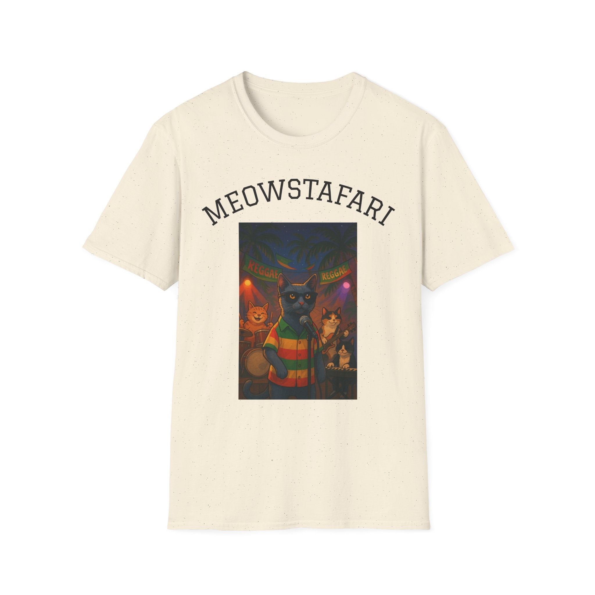 Reggae Cats Unisex Softstyle T-Shirt, Meowstafari Tee, Cat Lovers Shirt, Music Festival Apparel, Rasta Feline Top