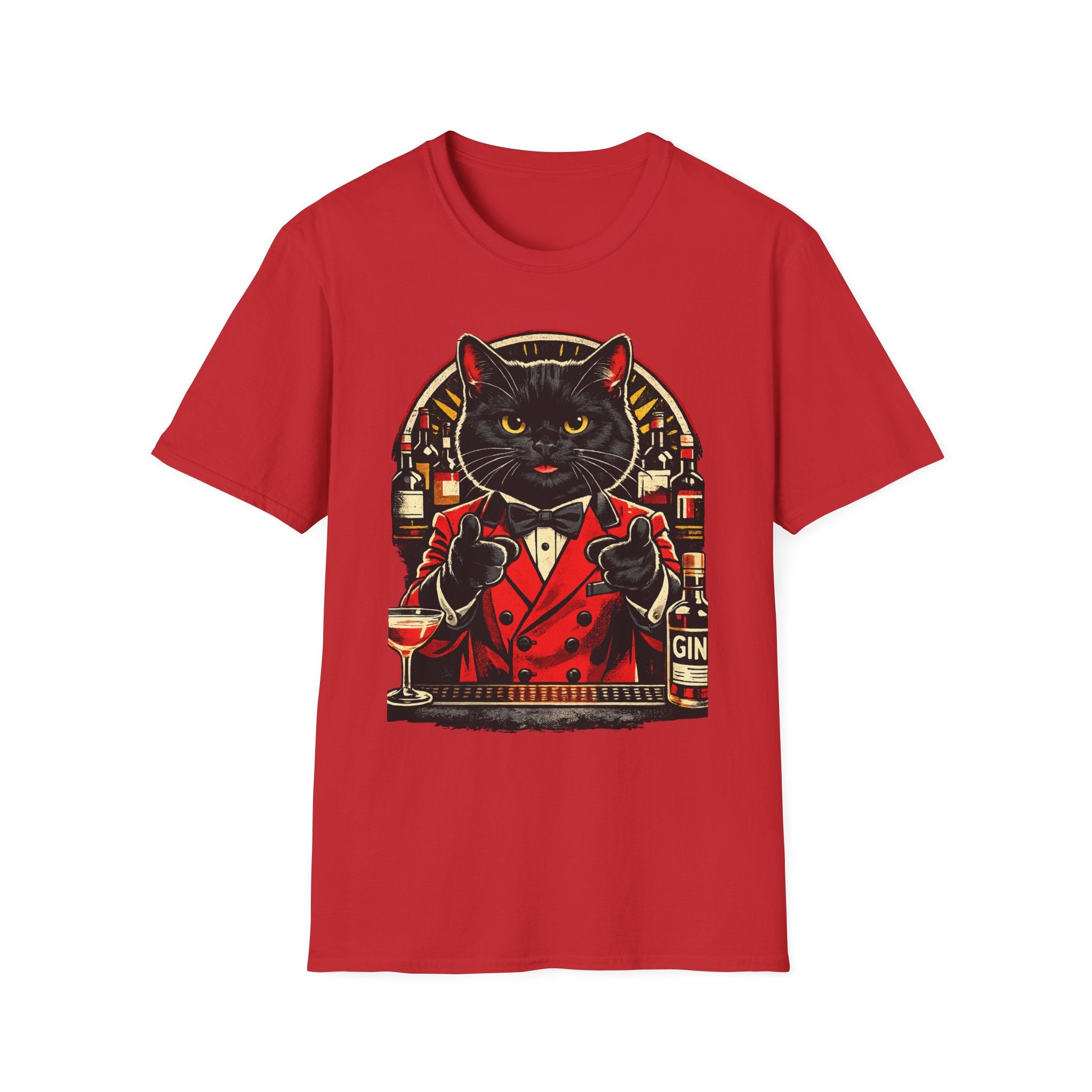 Isaac Cat Bartender T-Shirt — Vintage Gin Lounge Cat Design