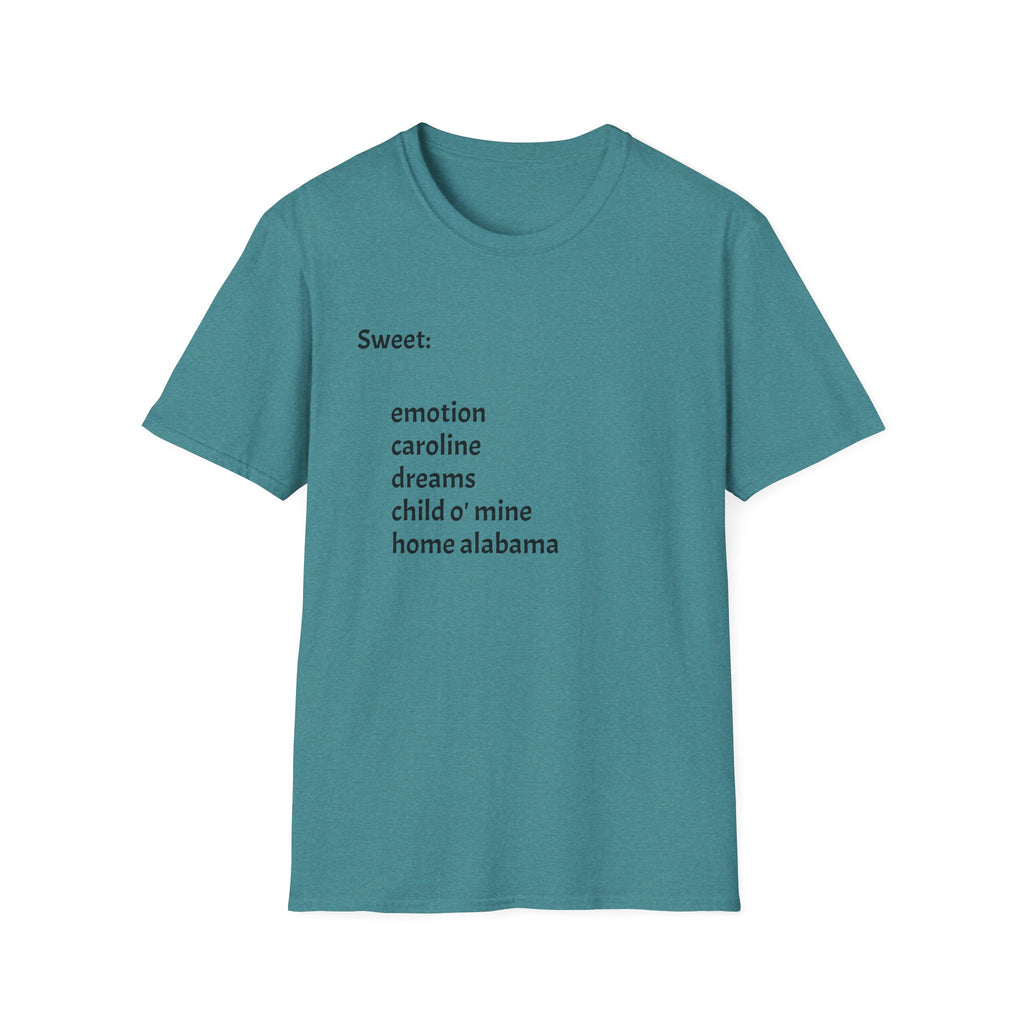 T-Shirt — Minimal “Sweet:” Tracklist Tee (emotion, caroline, dreams, child of mine, home alabama)