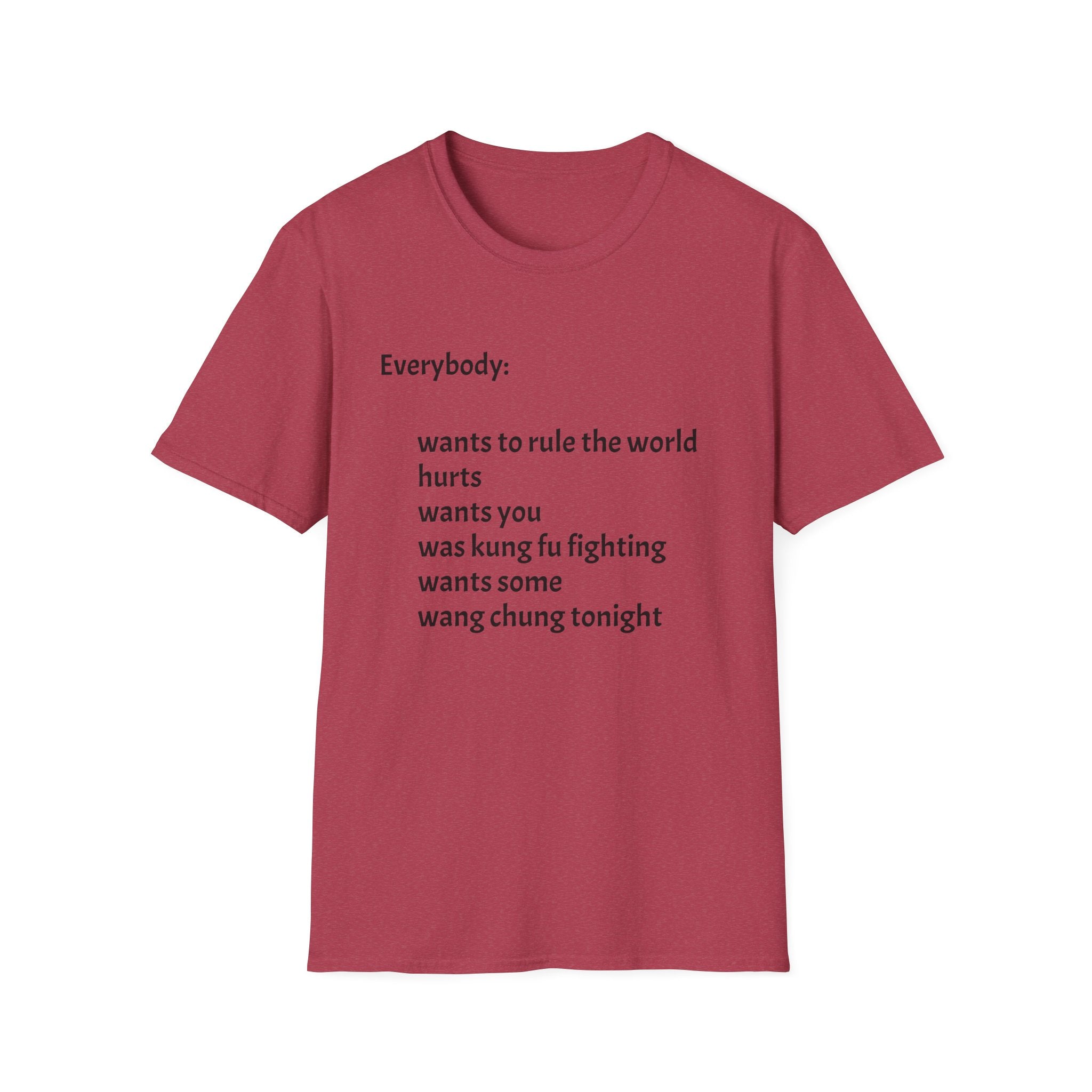 Funny Lyric Text T-Shirt — "Everybody: wants to rule the world..."