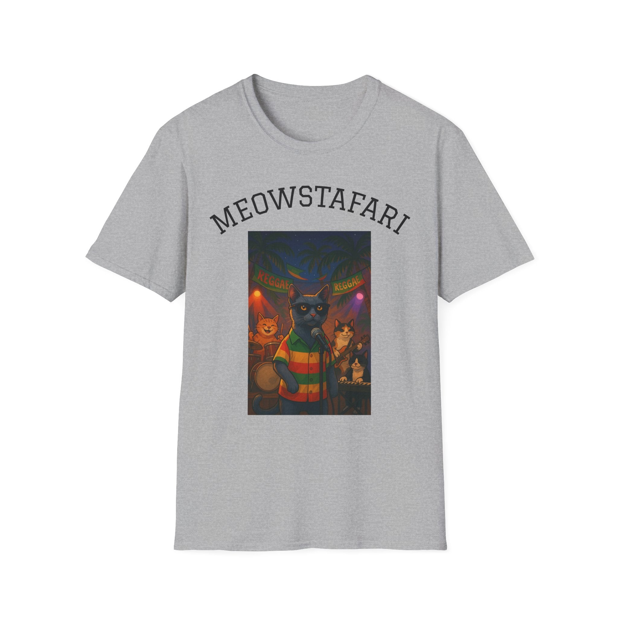 Reggae Cats Unisex Softstyle T-Shirt, Meowstafari Tee, Cat Lovers Shirt, Music Festival Apparel, Rasta Feline Top