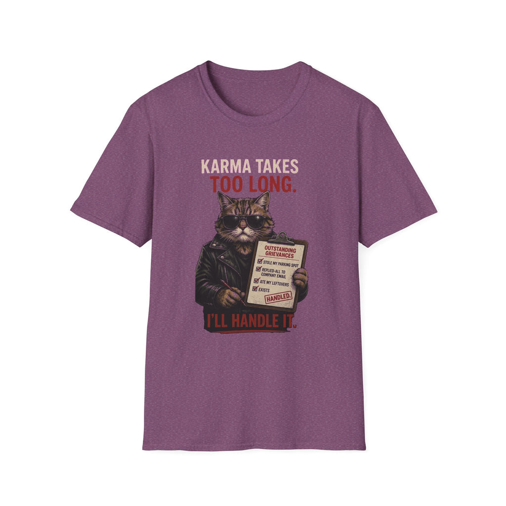 Cat Graphic T-Shirt — "Karma Takes Too Long" Funny Vintage Cat Tee