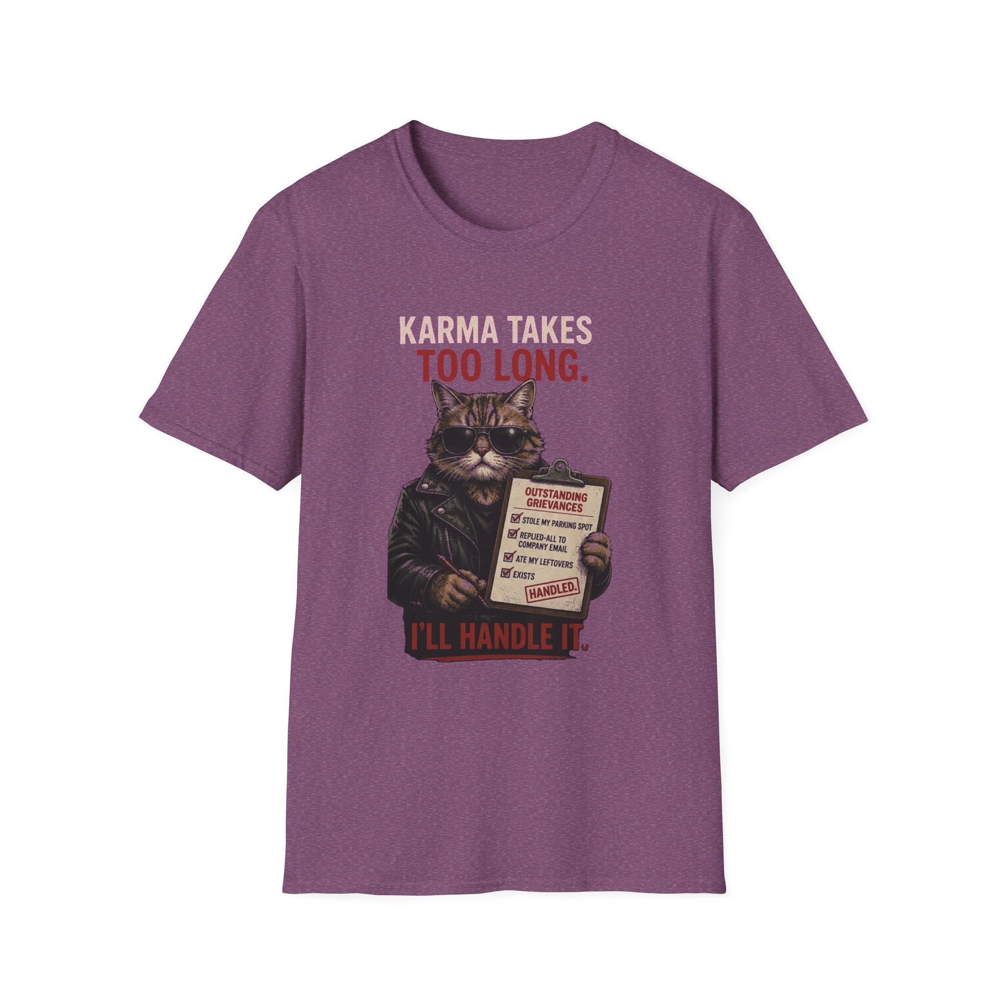 Cat Graphic T-Shirt — "Karma Takes Too Long" Funny Vintage Cat Tee