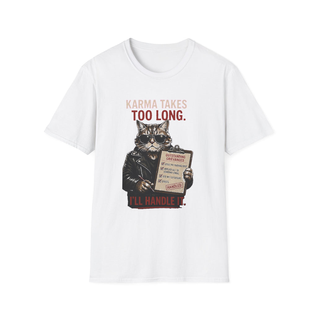 Cat Graphic T-Shirt — "Karma Takes Too Long" Funny Vintage Cat Tee