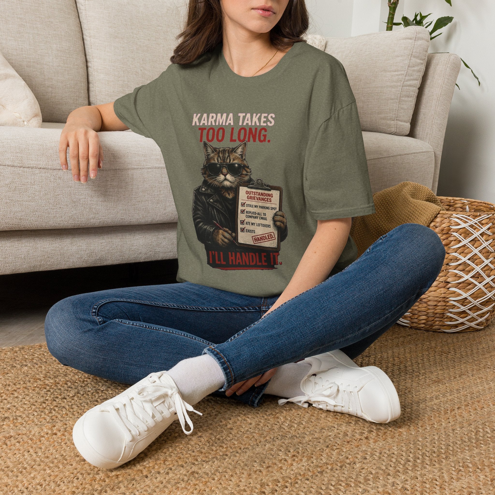 Cat Graphic T-Shirt — "Karma Takes Too Long" Funny Vintage Cat Tee