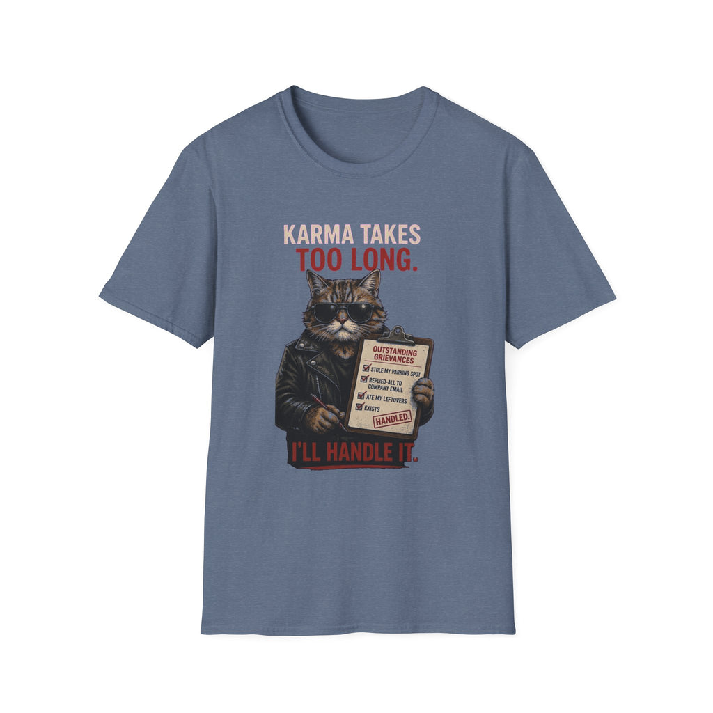 Cat Graphic T-Shirt — "Karma Takes Too Long" Funny Vintage Cat Tee