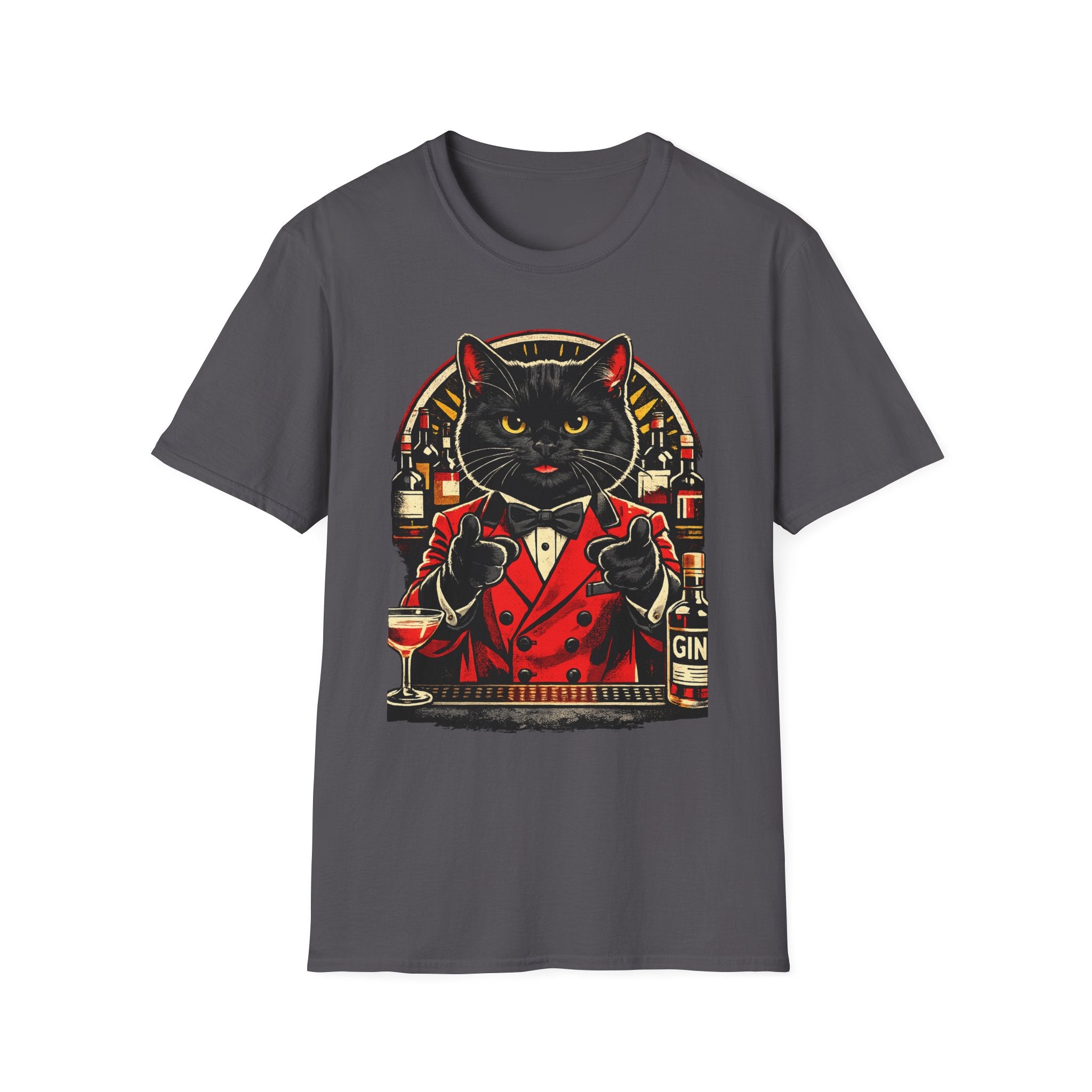 Isaac Cat Bartender T-Shirt — Vintage Gin Lounge Cat Design