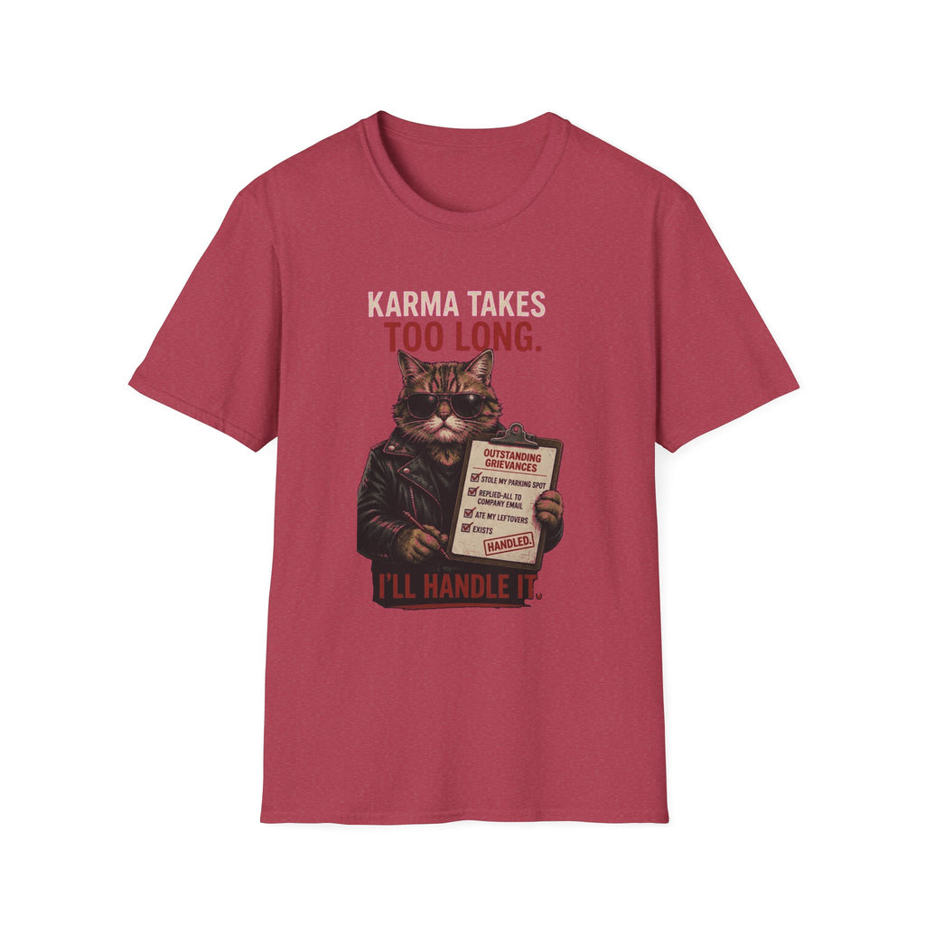 Cat Graphic T-Shirt — "Karma Takes Too Long" Funny Vintage Cat Tee