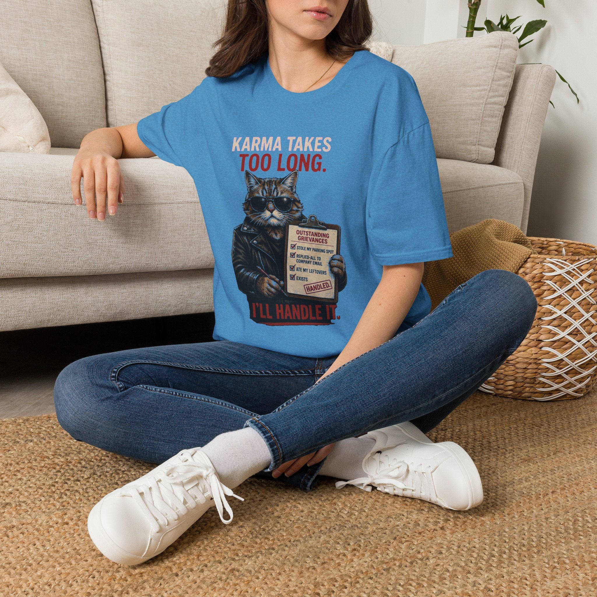 Cat Graphic T-Shirt — "Karma Takes Too Long" Funny Vintage Cat Tee
