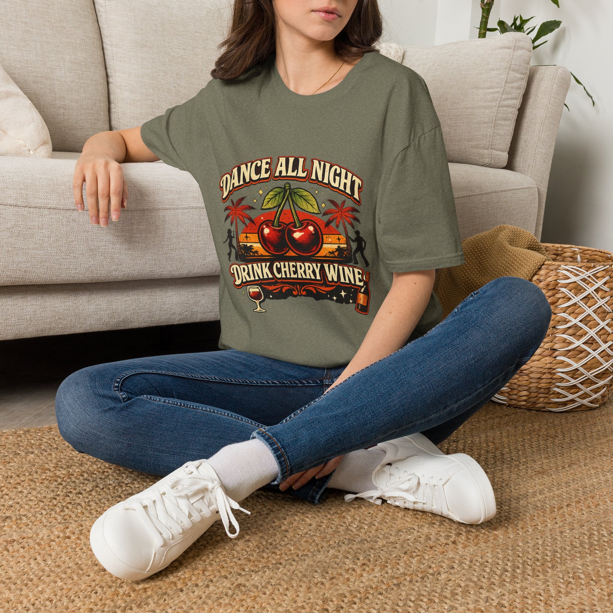 Dance All Night Drink Cherry Wine Retro T-Shirt | Funny 80s Lyric Inspired Tee | We Don’t Have to Take Our Clothes Off Vibes