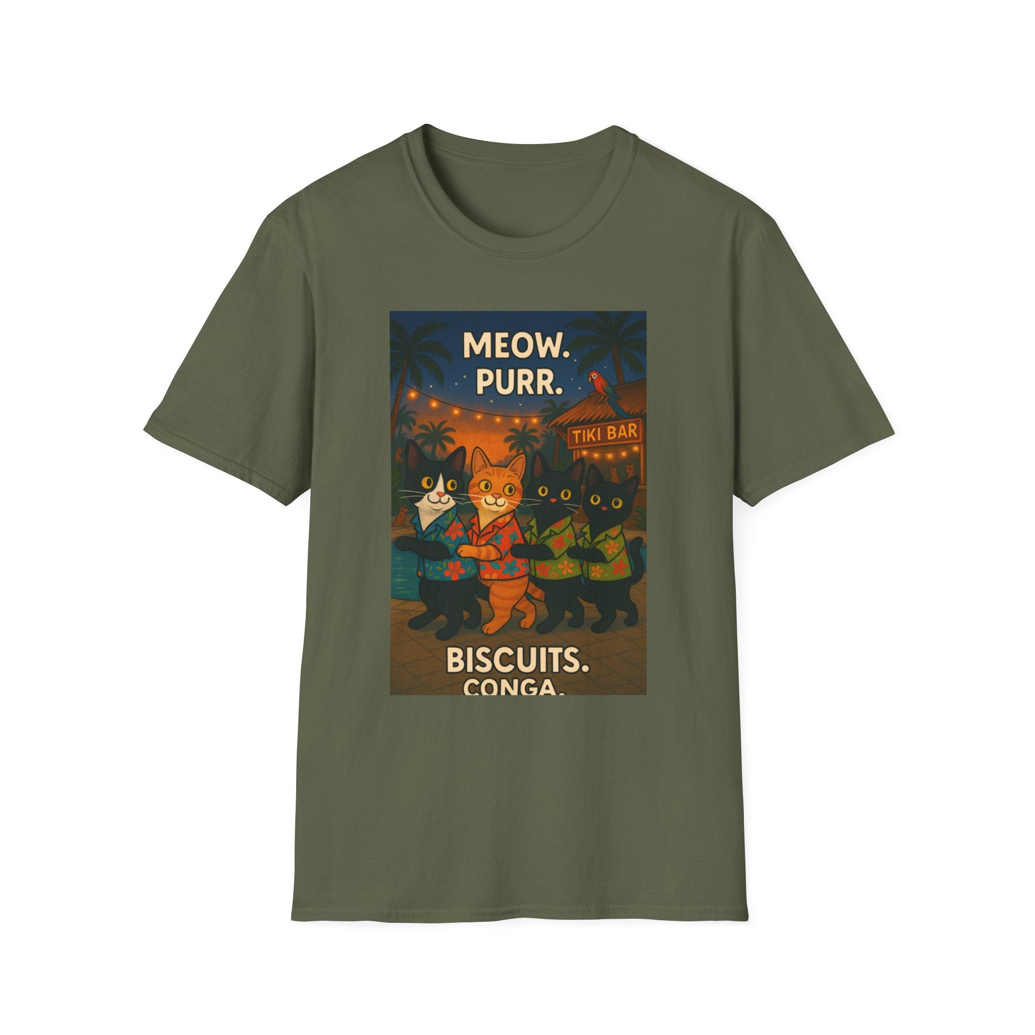 Meow Purr Biscuits Conga Unisex T-Shirt, Cat Lover Tee, Funny Graphic Shirt, Softstyle Top, Animal Print Clothing