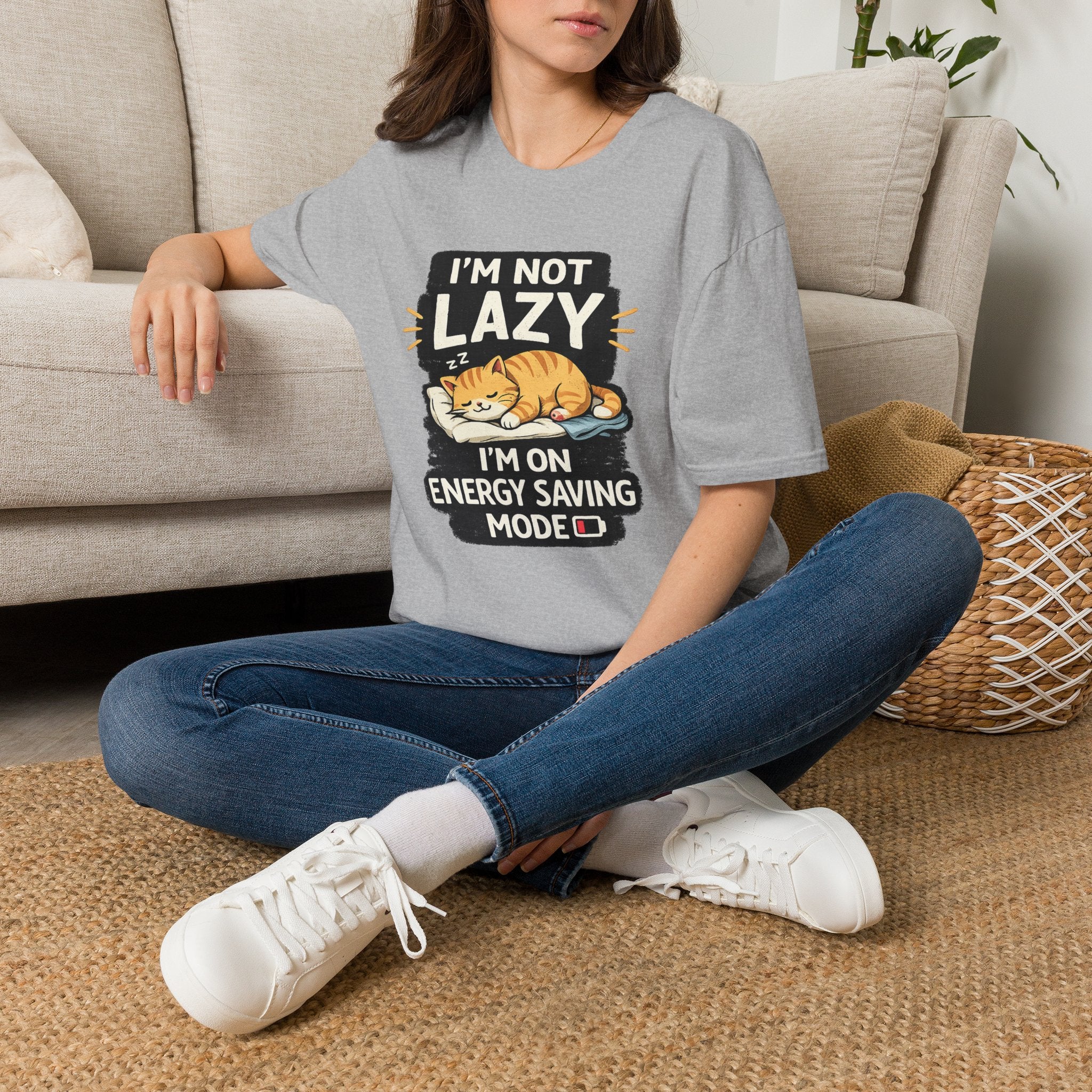 I'm Not Lazy Cat T-Shirt - "I'm On Energy Saving Mode" Funny Cat Graphic Tee